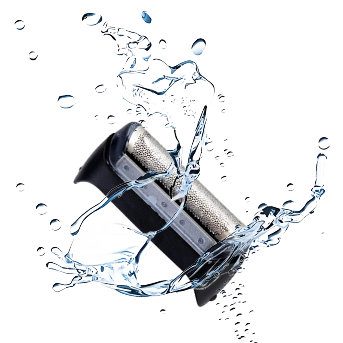 Ein schwarzer und silberner Rasiererkopf wird mit Wasser bespritzt. Wassertropfen und -ströme umgeben den Rasierer und erzeugen einen dynamischen Effekt.