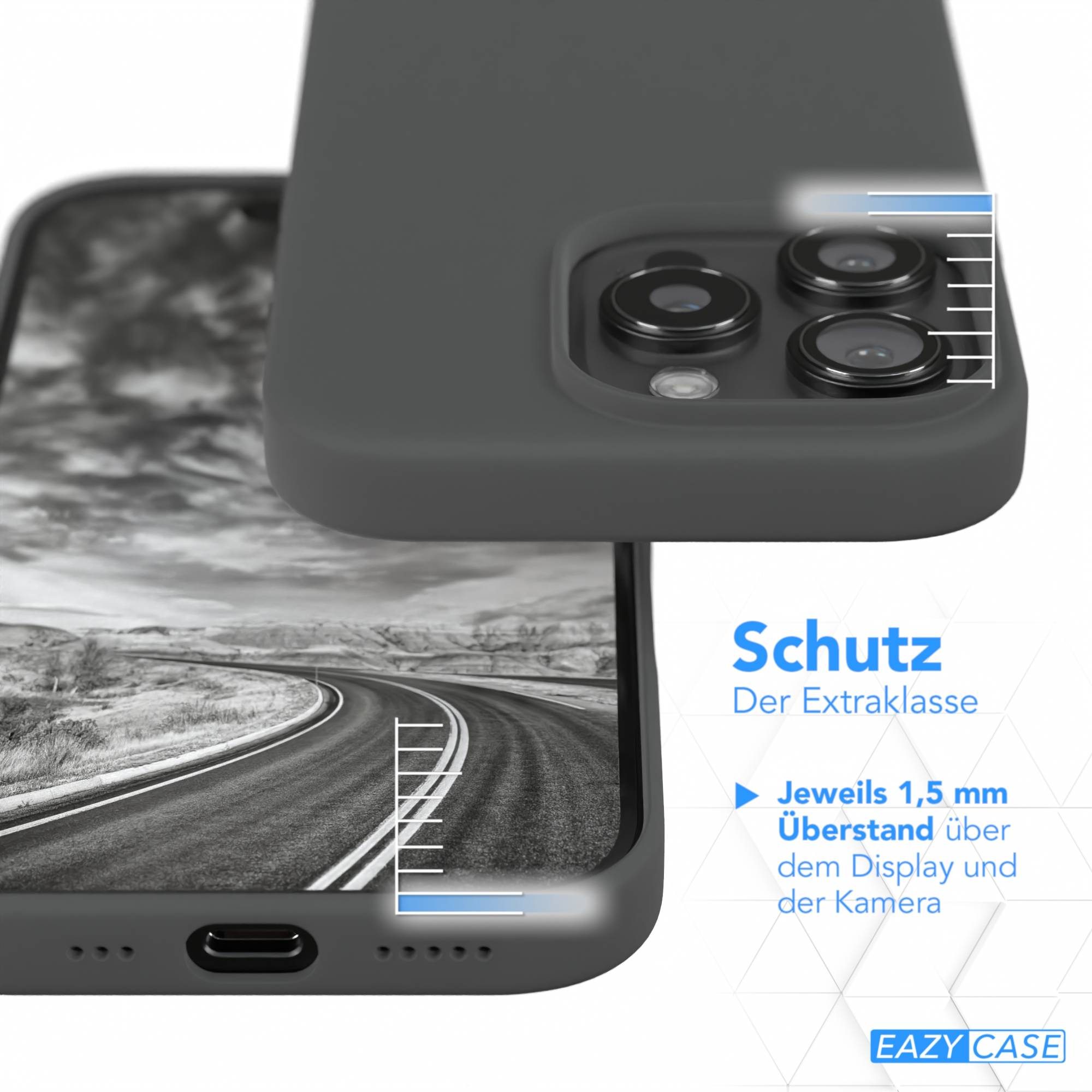 Graue Handyhülle mit Straße im Hintergrund. Text zeigt 1,5 mm Schutz an. Kamera und Bildschirm sind hervorgehoben.