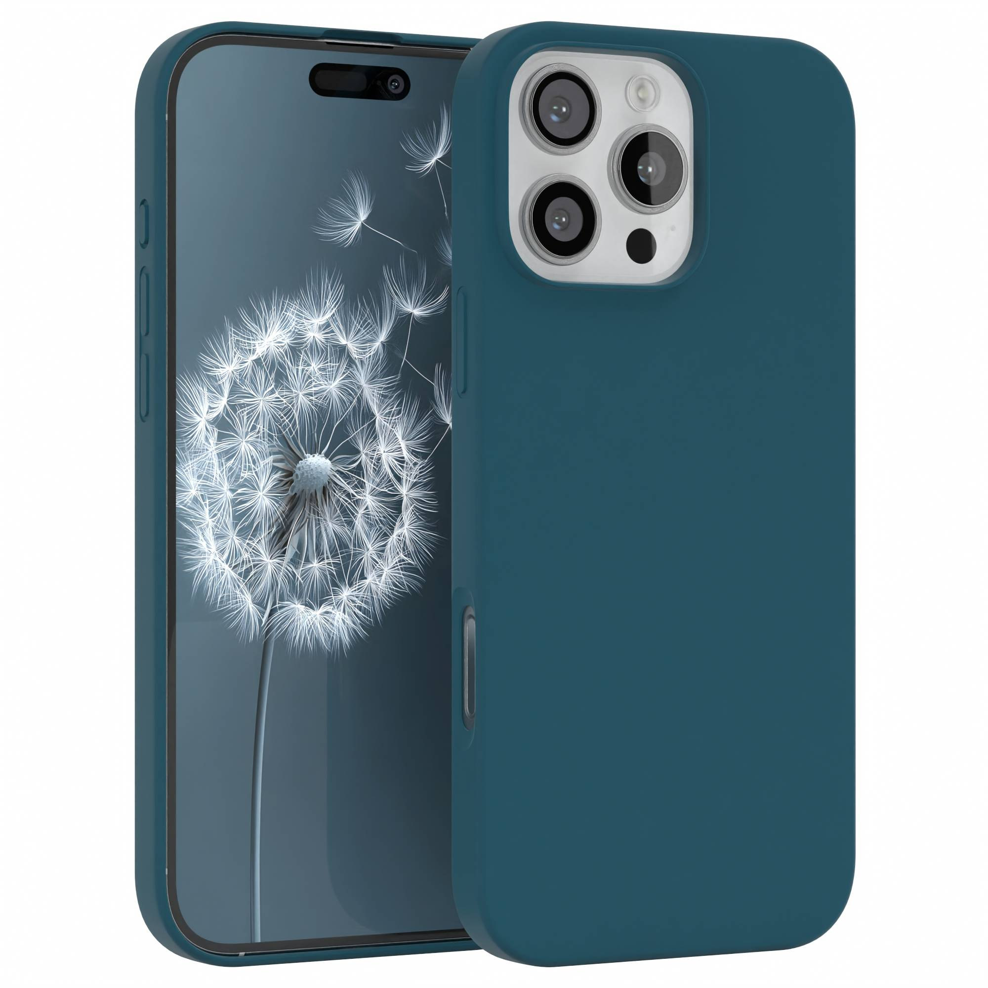 Türkisfarbene Handyhülle neben einem Handy mit einem Pusteblumenbild auf dem Bildschirm. Weißer Hintergrund.