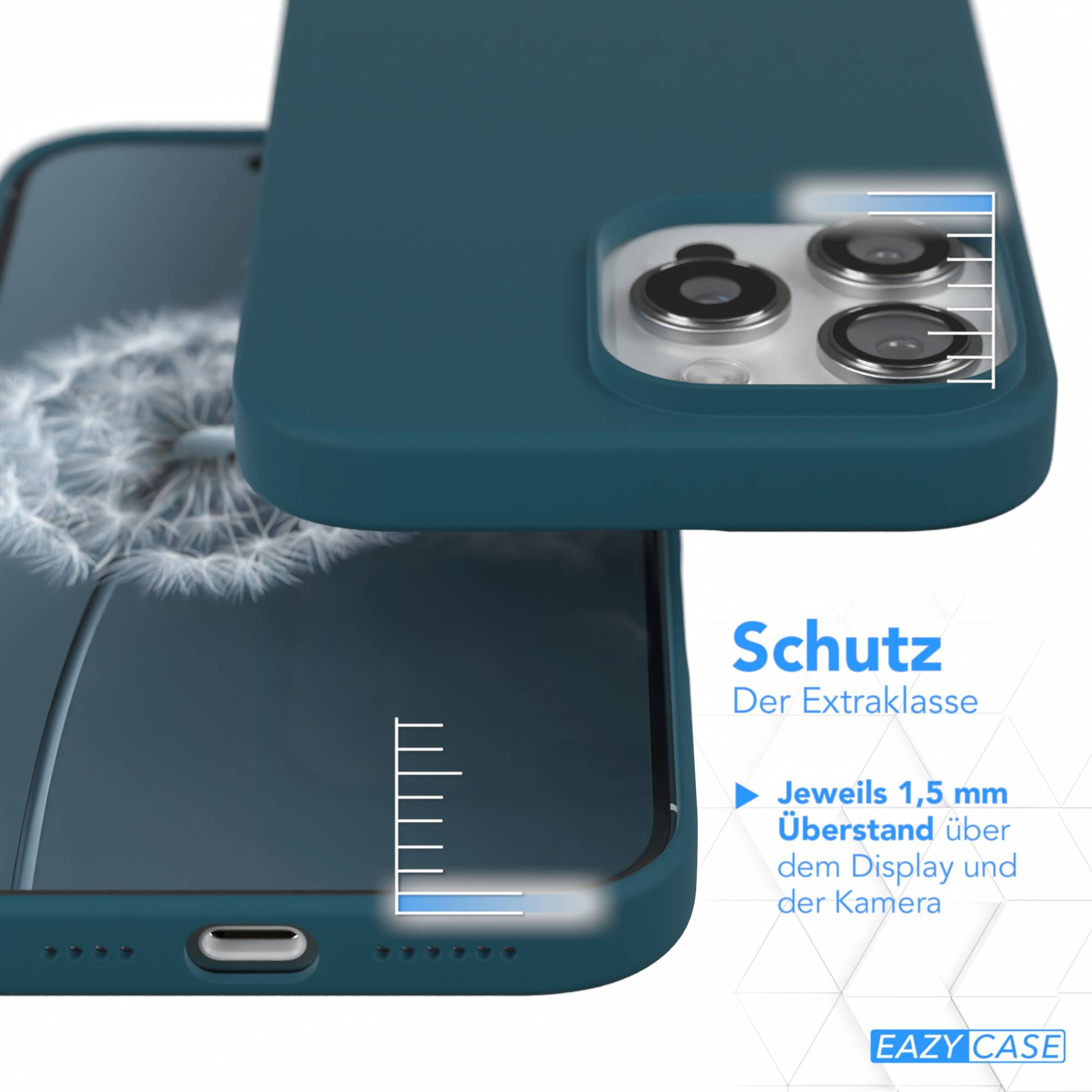 Eine tealfarbene Handyhülle, die ein Telefon schützt. Der Text lautet Schutz, EAZY CASE. Die Hülle hat 1,5 mm erhöhte Kanten.