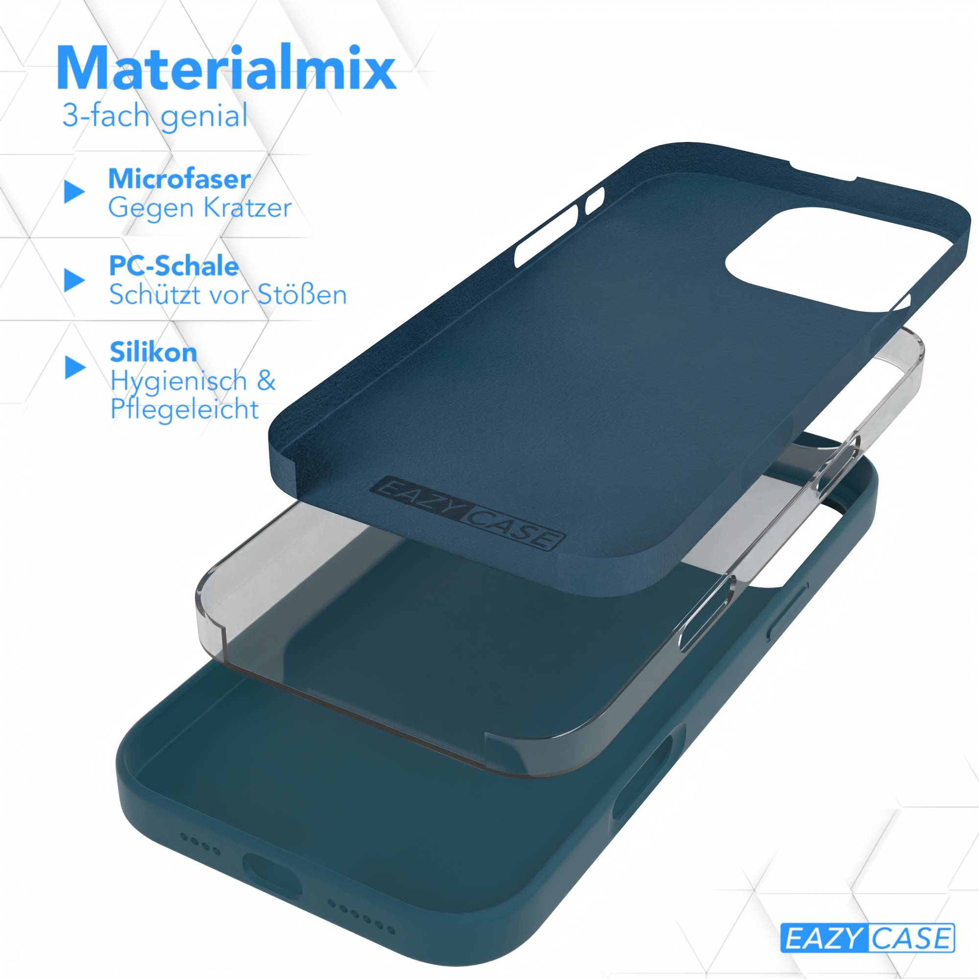 Eine mehrschichtige Handyhülle. Blaue Schichten zeigen die Materialien: Mikrofaser, PC-Schale und Silikon. Die Marke ist Eazy Case.