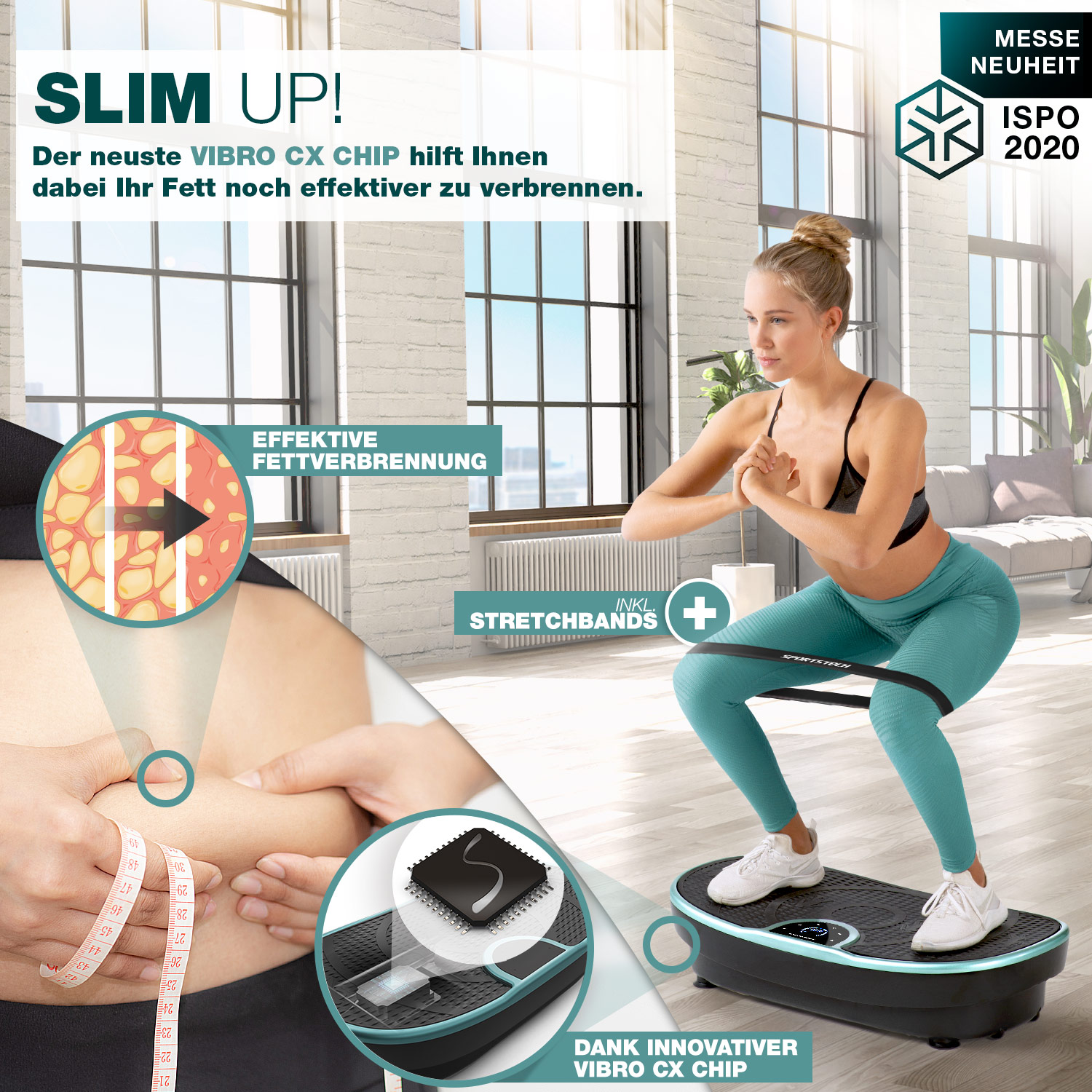 Frau trainiert auf einer Vibrationsplattform mit Widerstandsband. Bild wirbt für Fettverbrennung mit VIBRO CX CHIP.