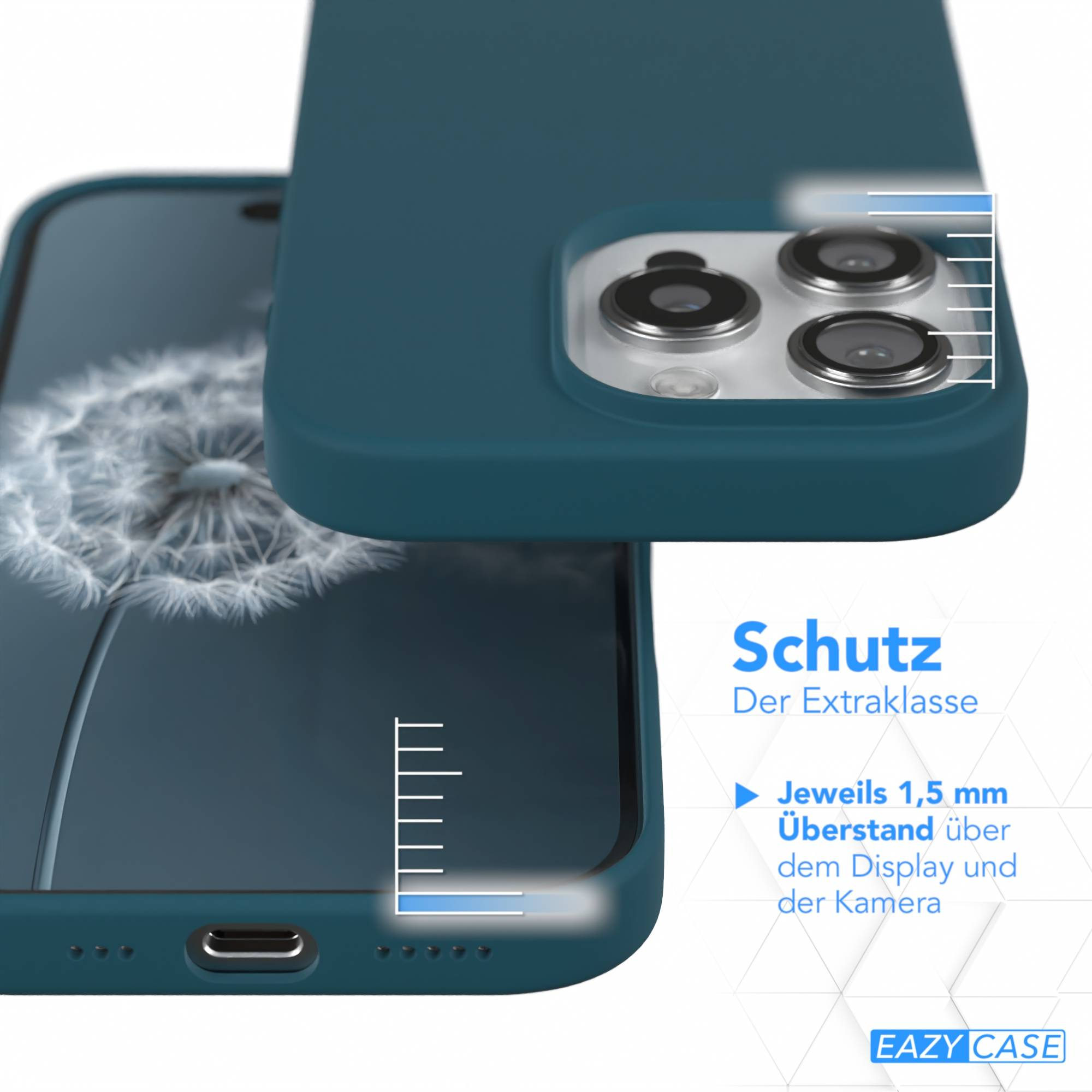 Eine türkisblaue Handyhülle schützt ein Telefon. Die Hülle hat einen Kameraausschnitt und Text. Auf dem Bildschirm ist ein Pusteblumenbild.