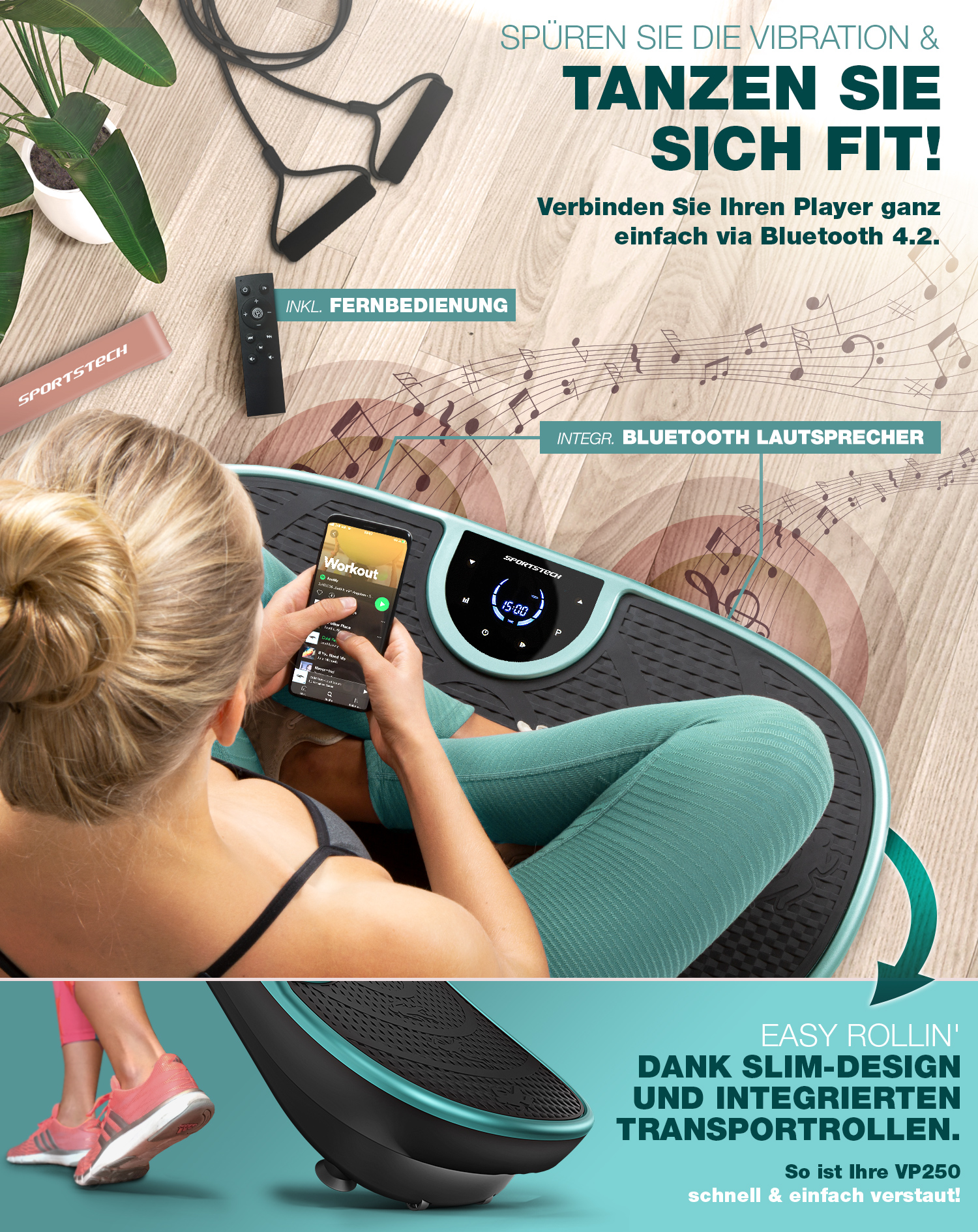Frau auf einer Vibrationsplatte, hält ein Telefon. Text: 'Tanzen Sie Sich Fit!' (Tanzen Sie und werden Sie fit!). Mit Fernbedienung und Bluetooth-Lautsprecher.