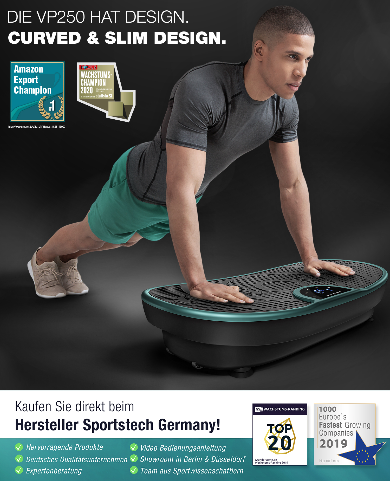 Mann macht Liegestütze auf einer Fitnessplattform. Text oben: VP250 HAT DESIGN. CURVED & SLIM DESIGN. Logos vorhanden.
