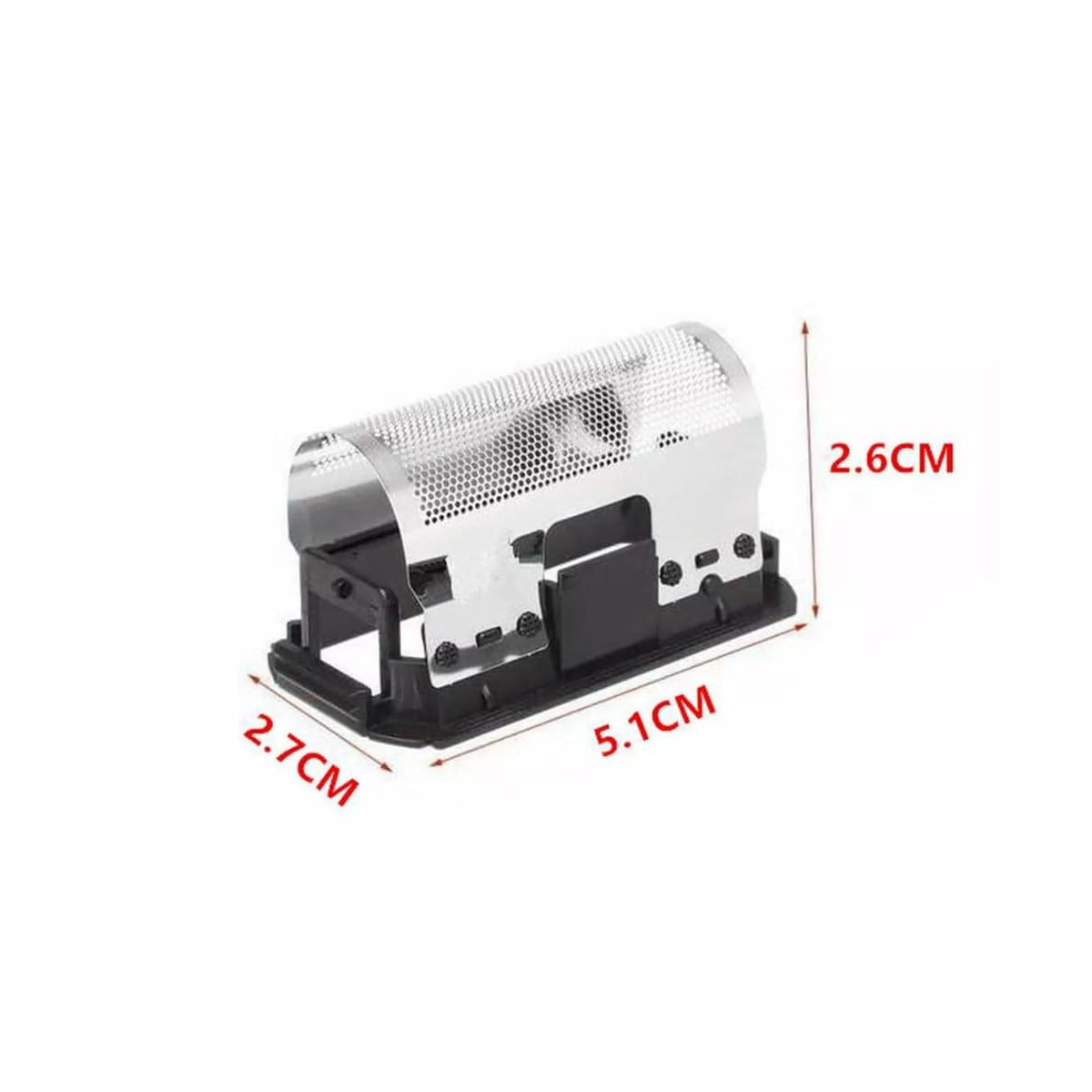 Ein silberner und schwarzer Rasiererkopf. Abmessungen sind angegeben: 2,6 cm, 2,7 cm und 5,1 cm. Isoliert auf weißem Hintergrund.
