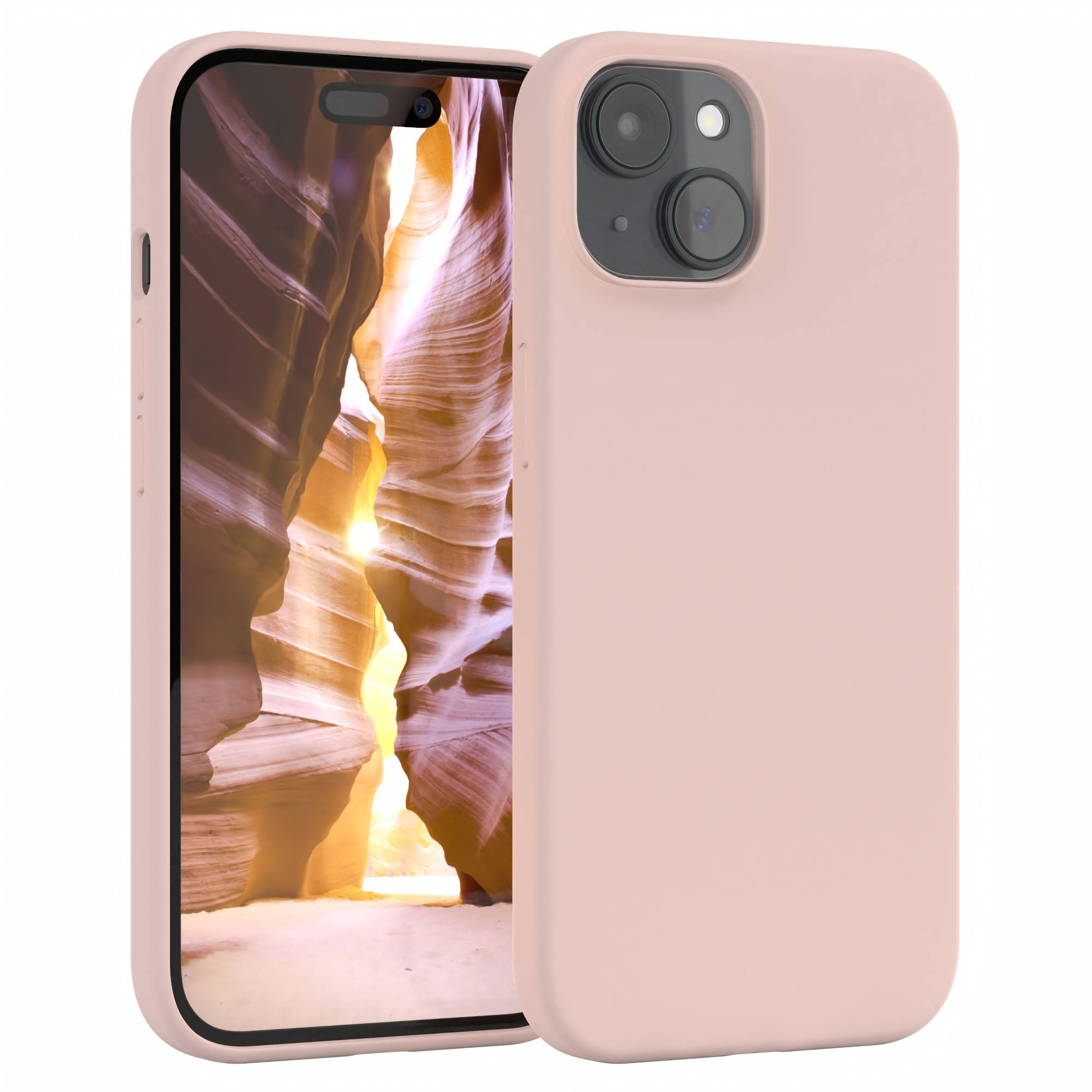 Eine hellrosa Handyhülle mit Telefon darin. Der Telefonbildschirm zeigt eine Schluchtszene. Die Hülle befindet sich auf weißem Hintergrund.
