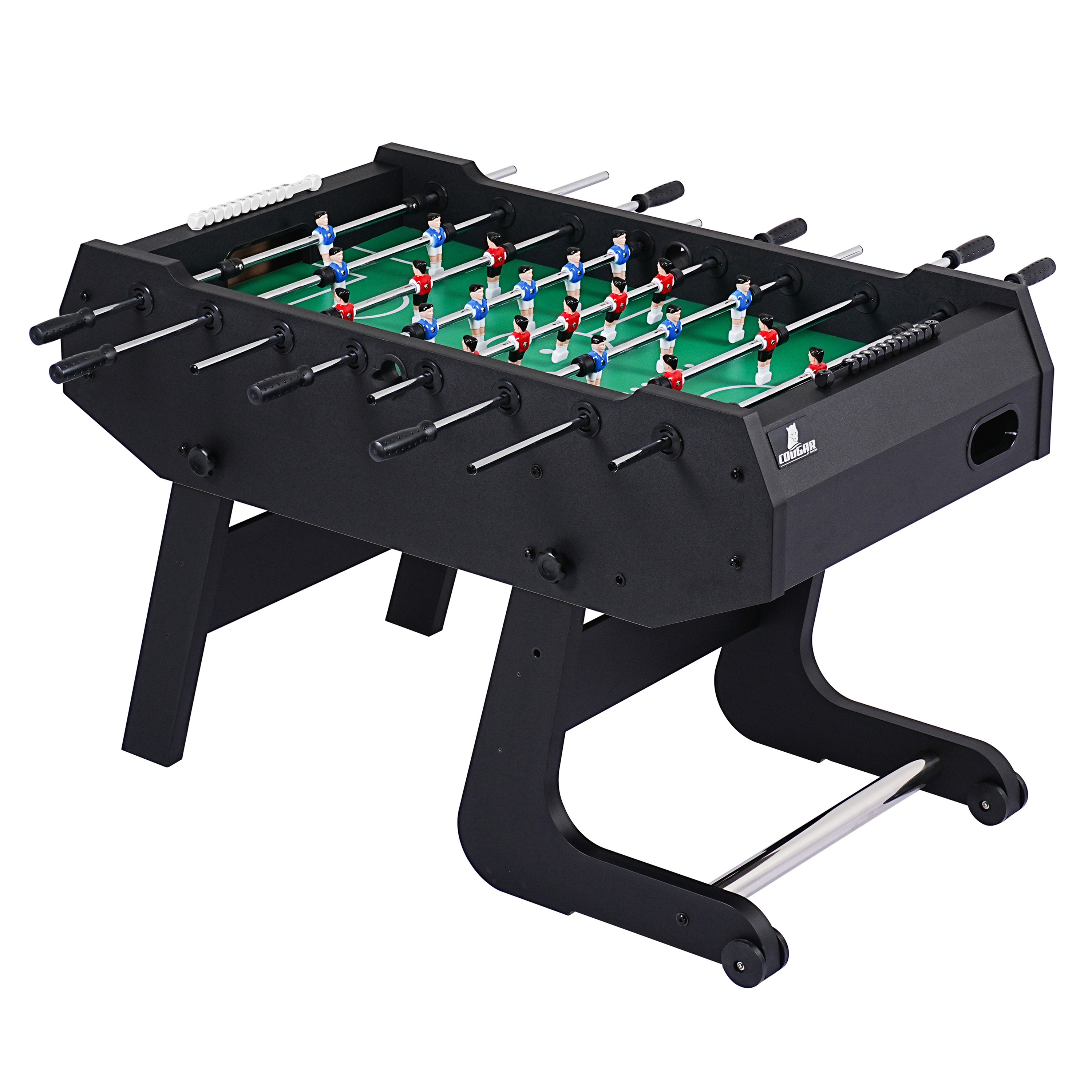Tischfußballtisch mit schwarzem Rahmen, grünem Spielfeld und rot/blauen Spielerfiguren. Silberne Stangen und schwarze Griffe sind sichtbar.