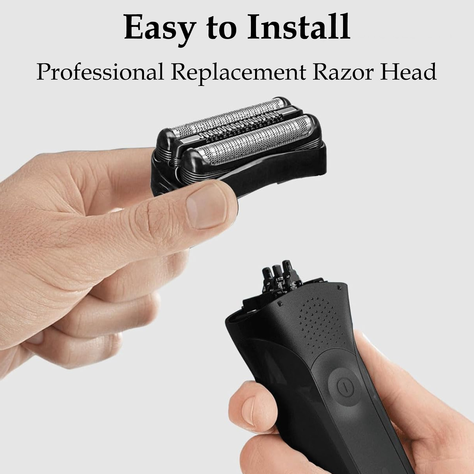 Eine Hand hält einen schwarzen Rasiererkopf über dem Gehäuse eines Rasierers. Text sagt 'Easy to Install' und 'Professional Replacement Razor Head'.