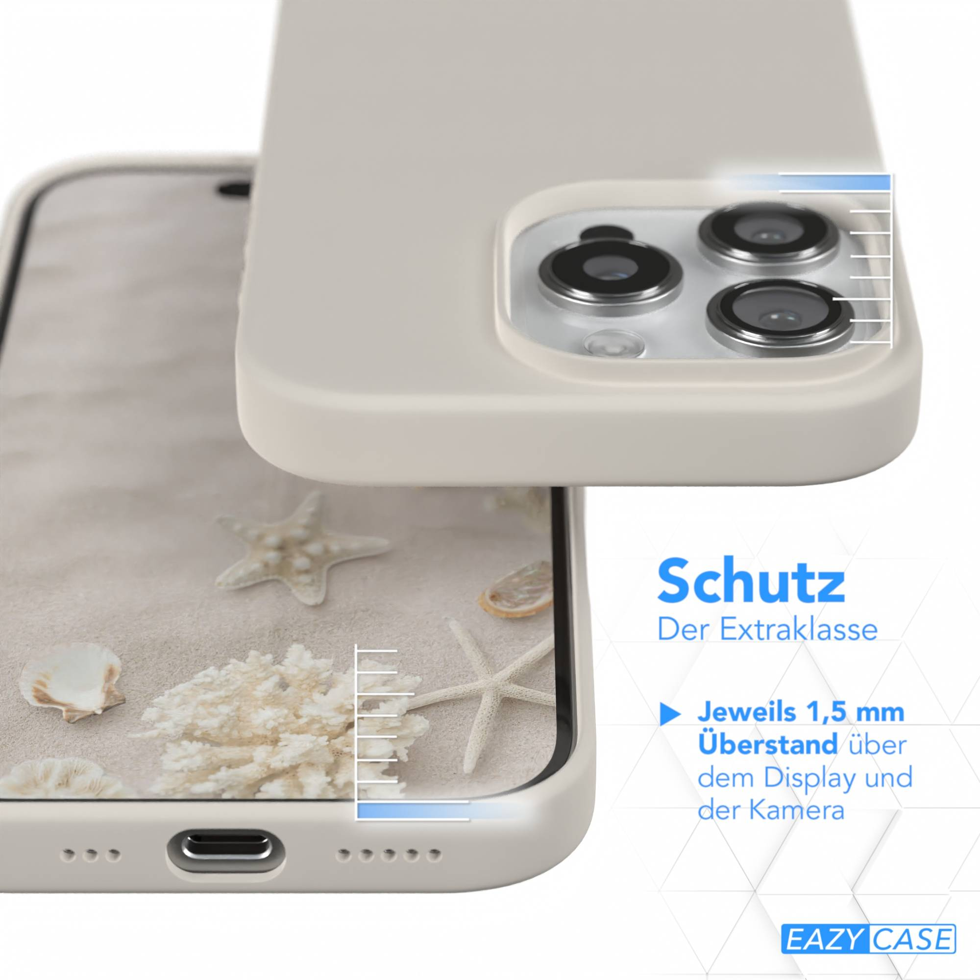 Beige Handyhülle mit Strandszene. Die Hülle bedeckt das Telefon teilweise. Text: Schutz, 1,5 mm Display- und Kameraschutz.