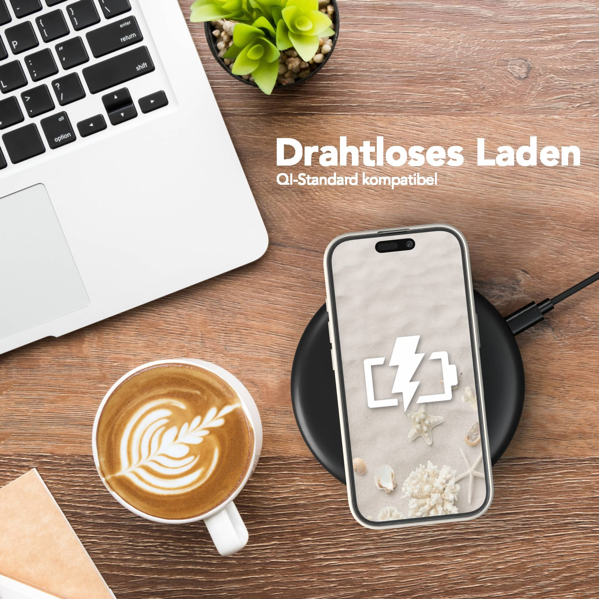 Ein Telefon auf einem kabellosen Ladegerät neben einer Kaffeetasse und einem Laptop auf einem Holztisch. Der Text auf dem Bild lautet kabelloses Laden.