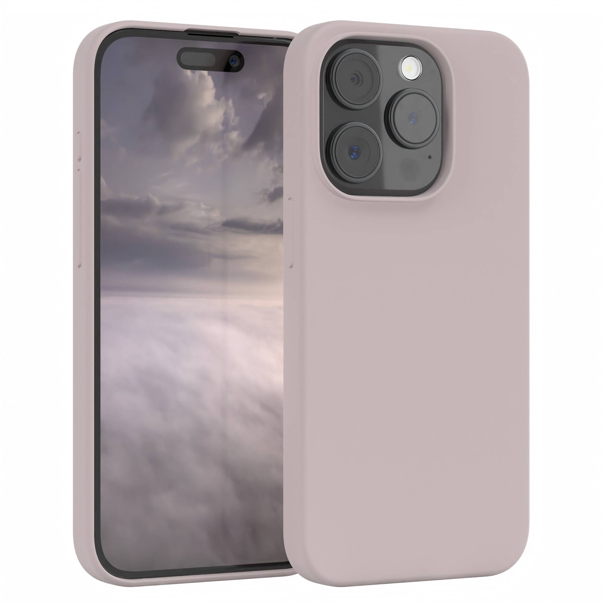 Zwei Smartphones, eines mit einem bewölkten Himmel, beide in rosa Hüllen. Eines ist angewinkelt, um die Kamera zu zeigen.