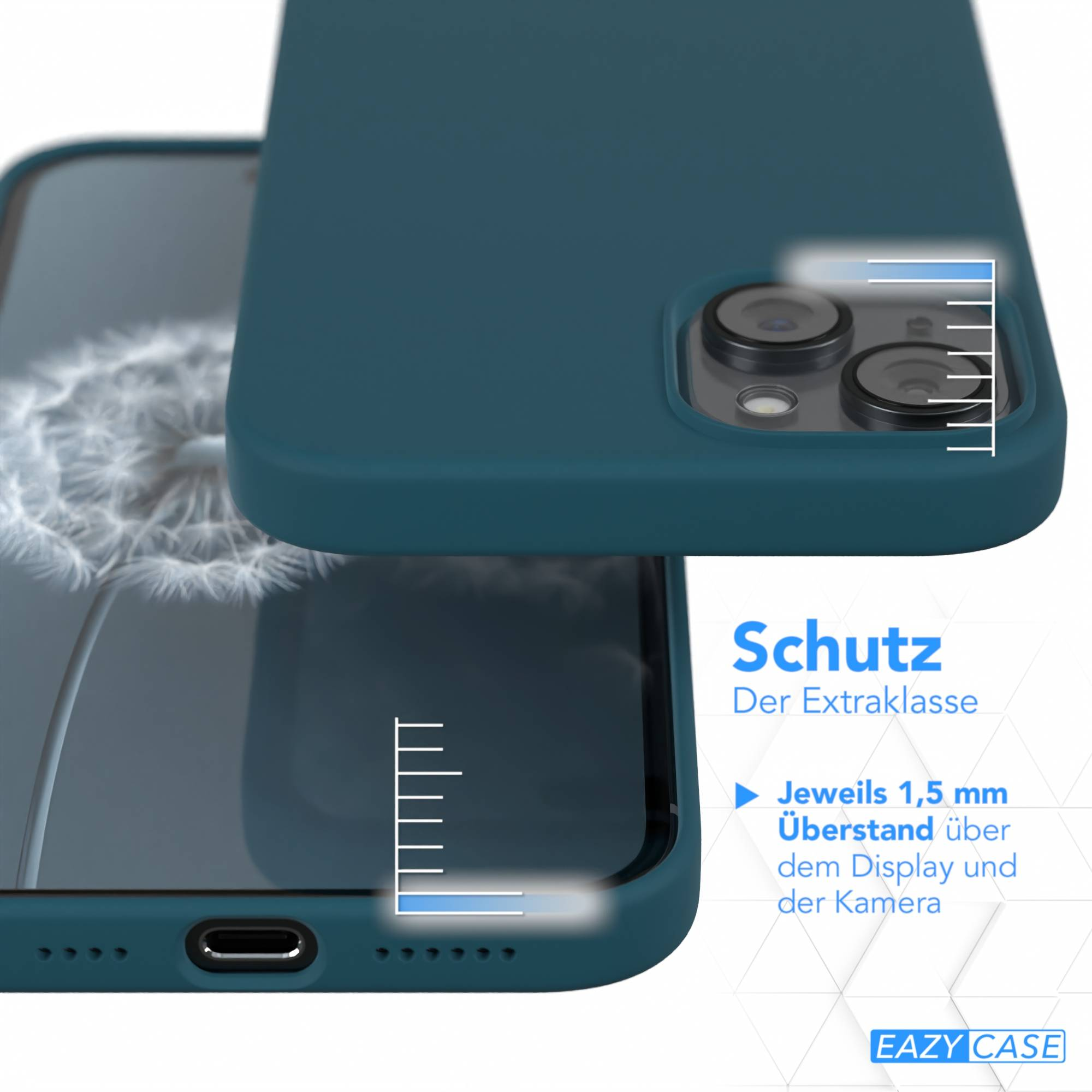 Eine tealfarbene Handyhülle schützt ein Telefon. Text sagt 'Schutz' und '1,5 mm Überstand'. Blaue Linien zeigen Schutz.