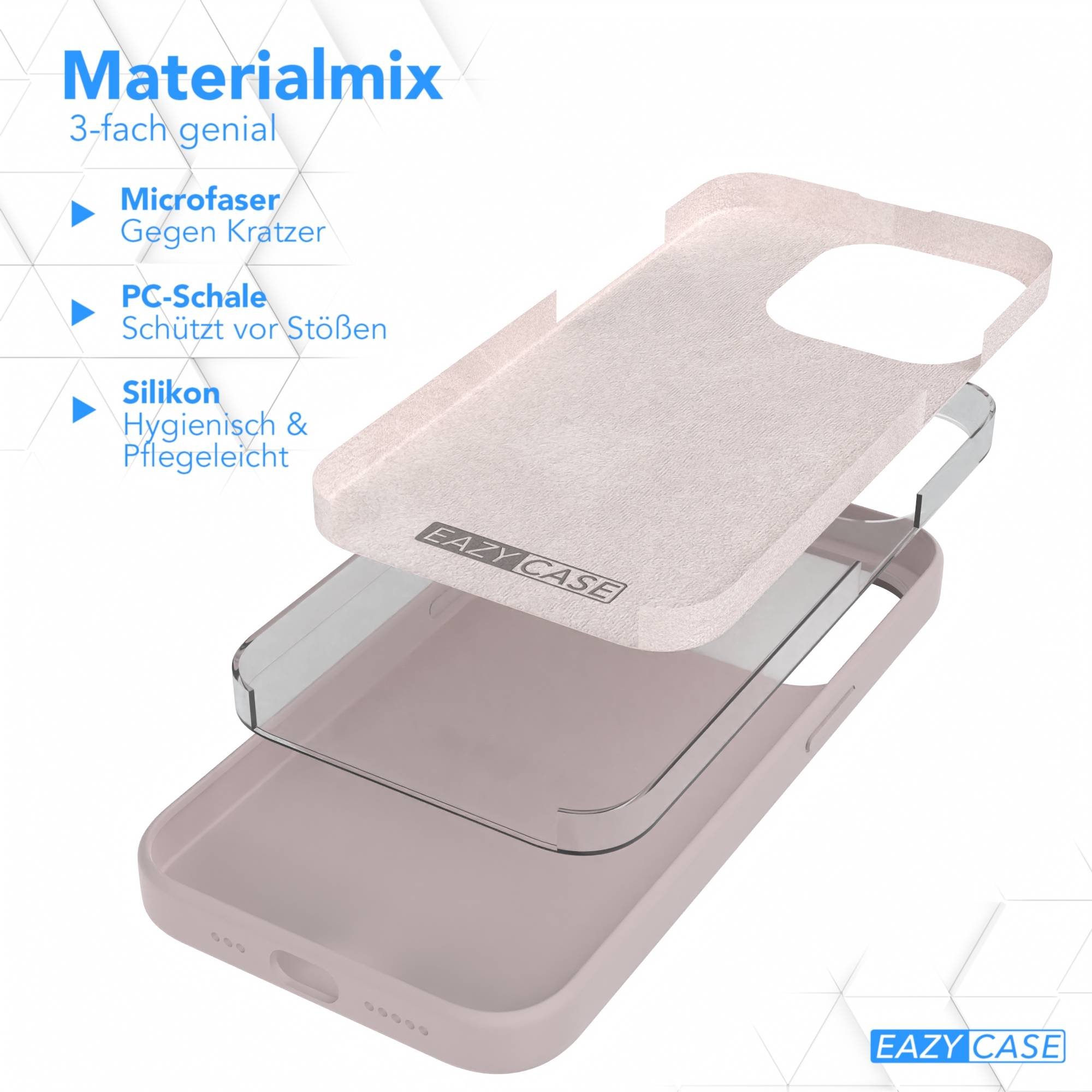 Explosionszeichnung einer Handyhülle mit Schichten aus rosa Material und einer transparenten Schicht.
