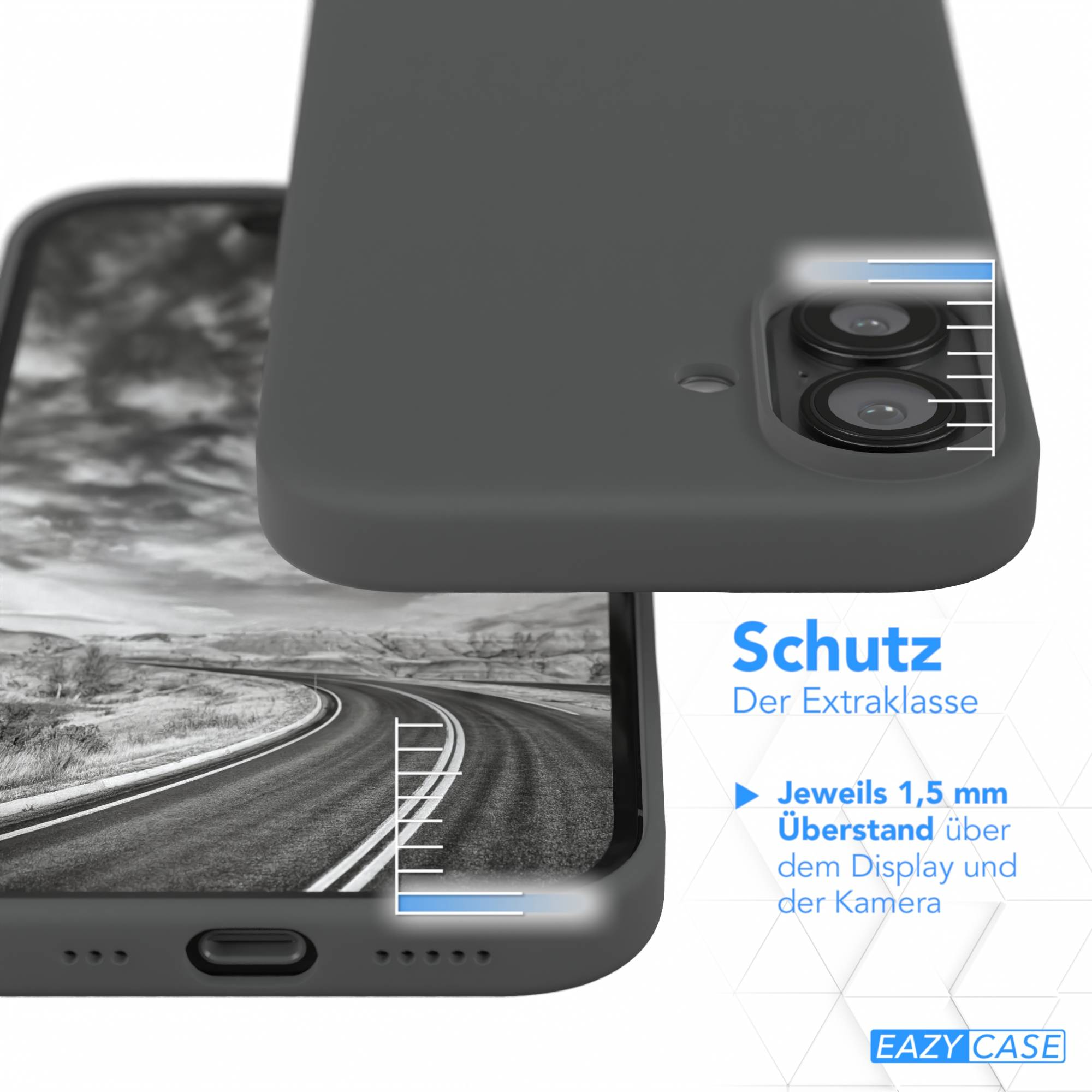 Handyhülle mit Autobahn-Bild auf dem Bildschirm. Text weist auf Schutz und 1,5 mm Bildschirm- und Kameraschutz hin.