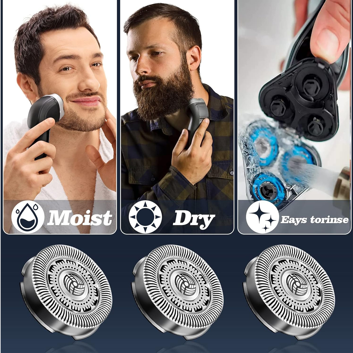 Ein Mann rasiert sich mit einem Elektrorasierer, mit den Etiketten Feucht, Trocken und Easy Rinse. Unten sind drei Rasiererköpfe abgebildet.