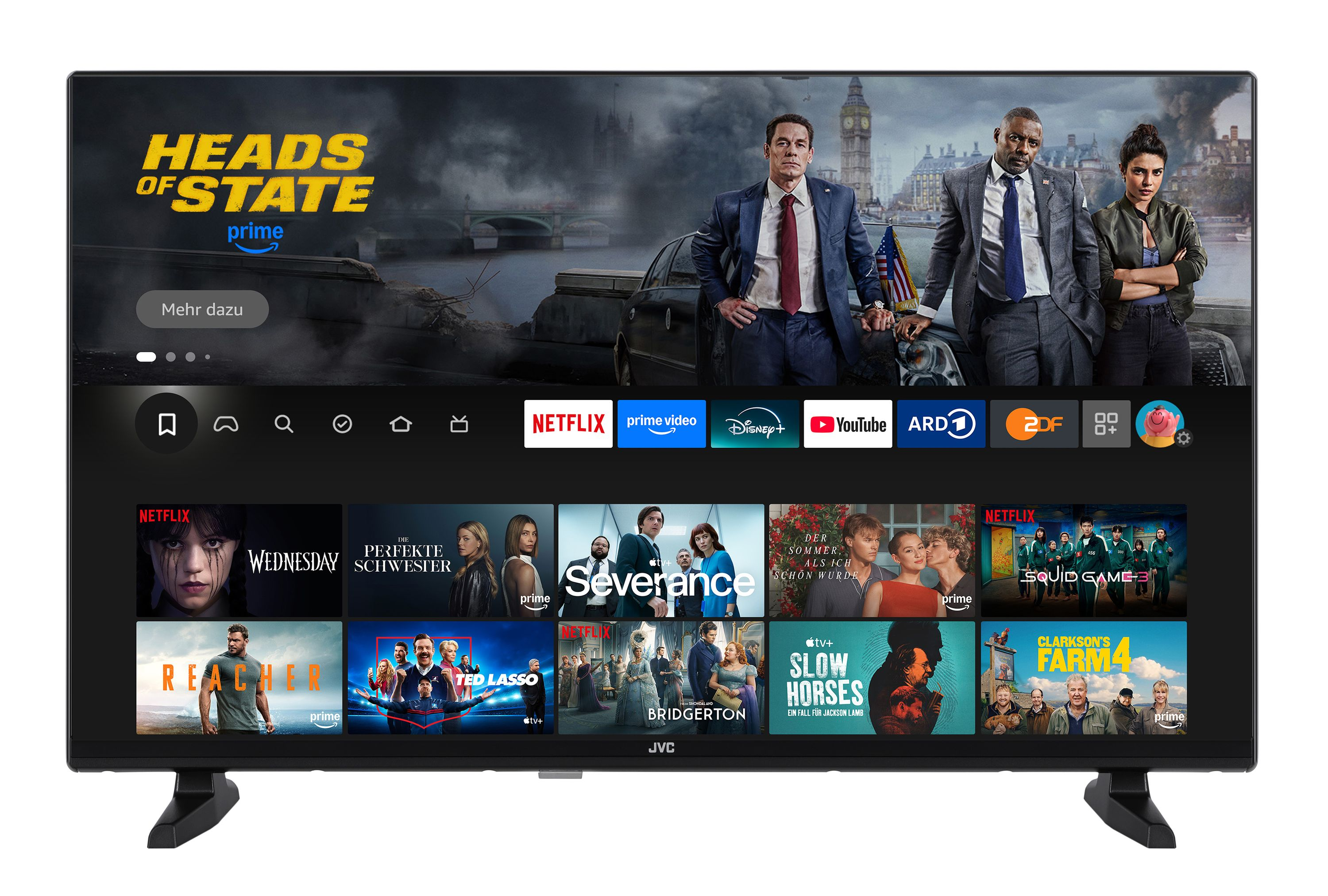 Ein JVC-Fernseher zeigt ein Streaming-Dienstmenü mit Titeln und Symbolen, darunter "Heads of State" und Netflix.