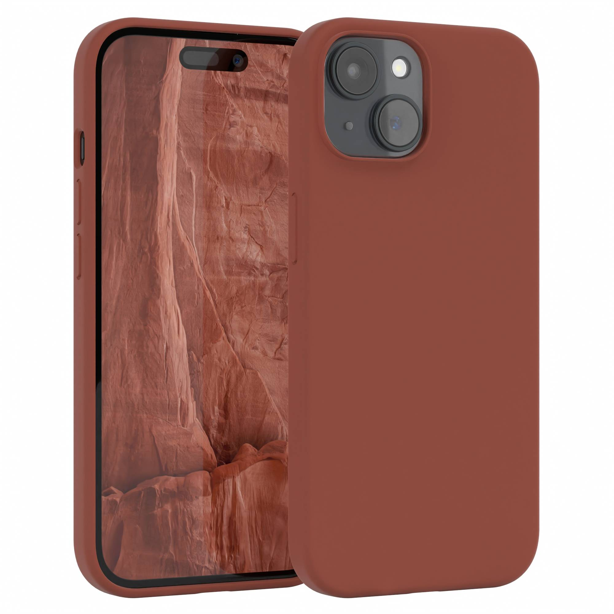 Ein Telefon mit rotem Gehäuse wird ausgestellt. Der Bildschirm zeigt eine Canyon-Landschaft. Das Telefon ist rechts.