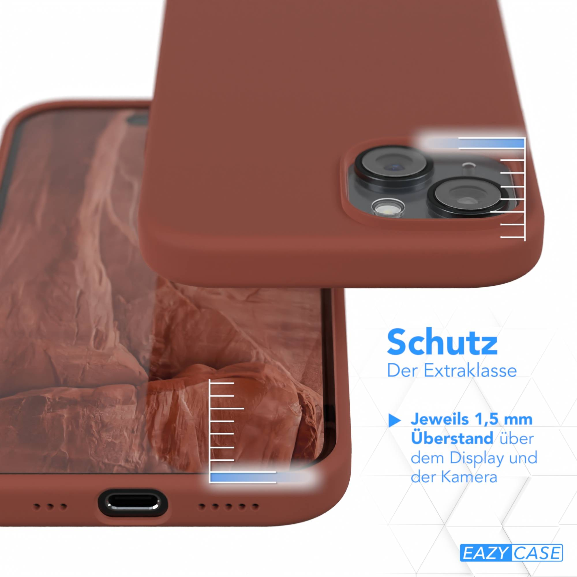 Nahaufnahme einer braunen Handyhülle mit einem Telefon darin. Text rechts: Schutz, mit blauen Linien, die Messungen zeigen.