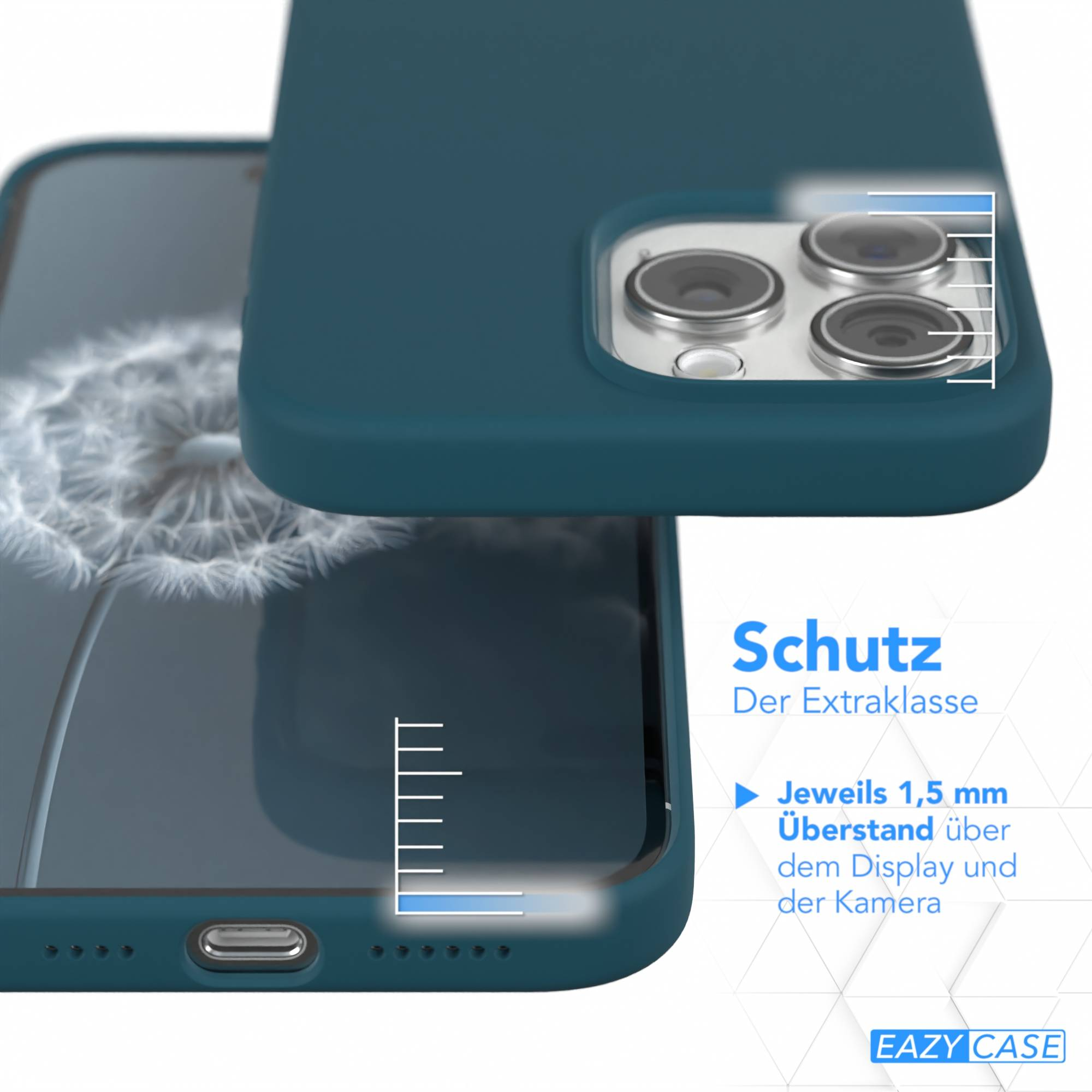 Eine tealfarbene Handyhülle mit Kameraausschnitten, einem Bildschirm und Text auf Deutsch, der 1,5 mm zusätzlichen Schutz angibt.