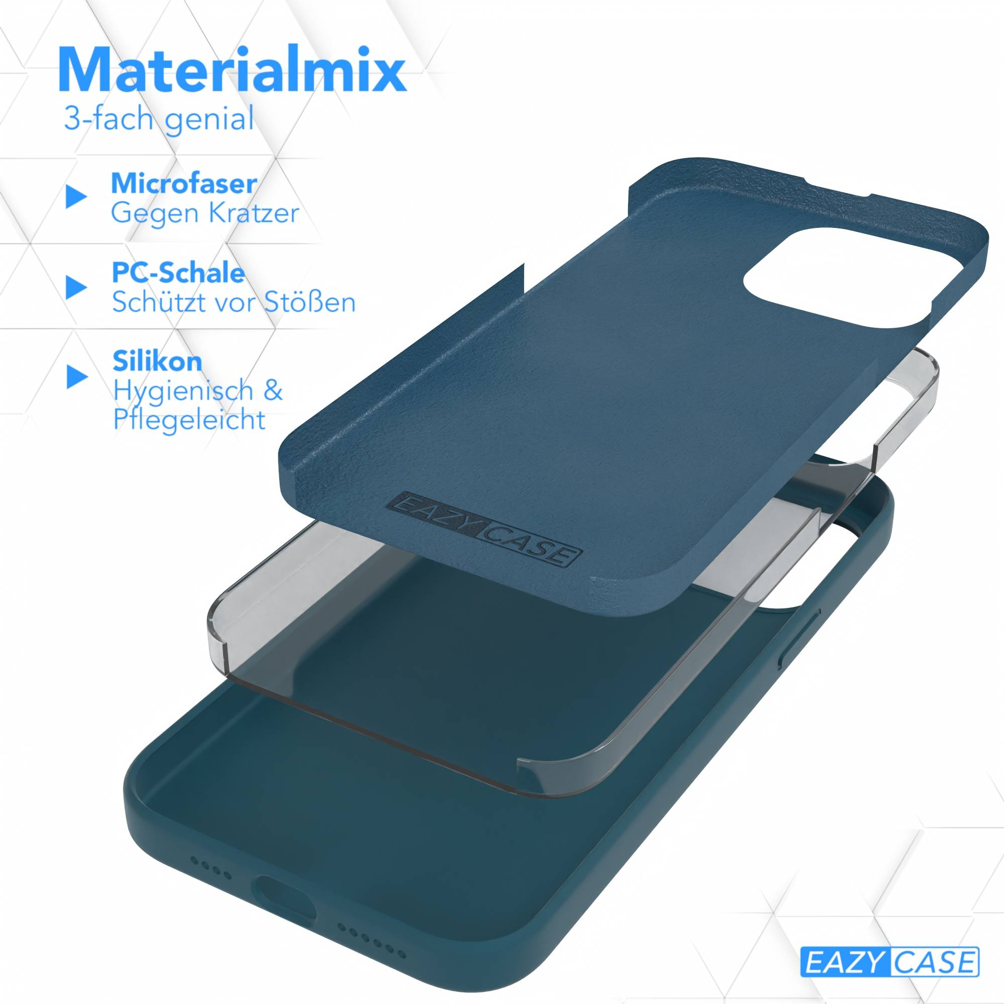 Eine tealfarbene Handyhülle mit drei Schichten, beschriftet mit Materialmix. Die Schichten sind Mikrofaser, PC-Schale und Silikon.