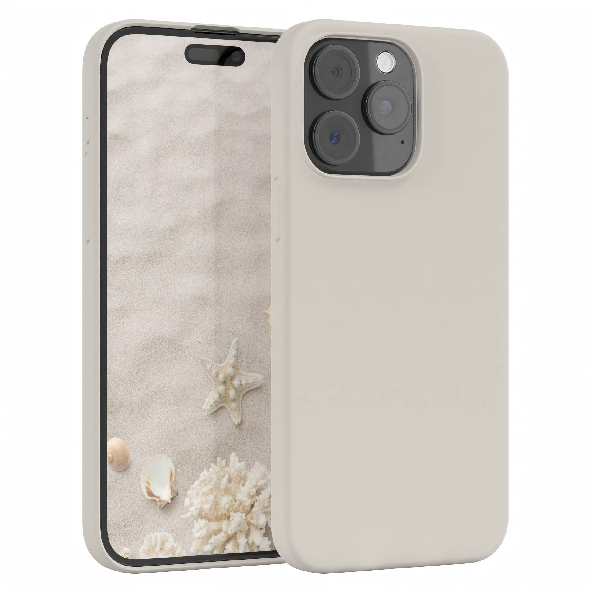 Ein Telefon mit einer Strandszene auf dem Bildschirm. Ein hellgraues Gehäuse umgibt das Telefon. Seesterne, Muscheln und Korallen sind auf dem Bildschirm.