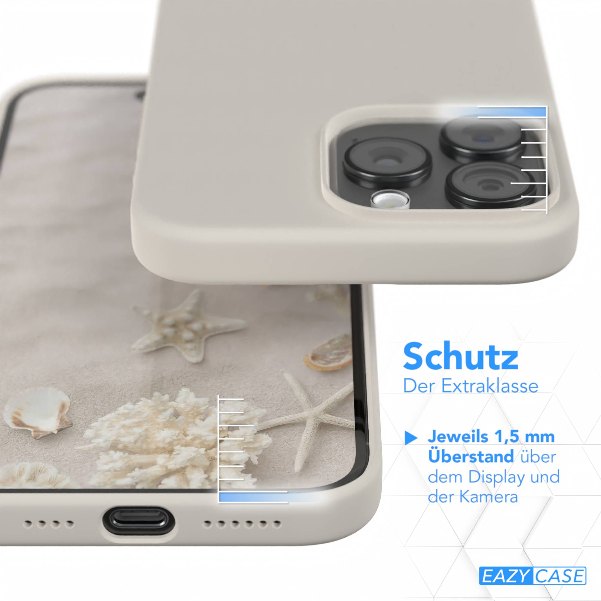 Ein Telefon in einem hellen Gehäuse. Der Bildschirm zeigt Sand, Muscheln und Seesterne. Textdetails Schutz und 1,5 mm Freiraum.