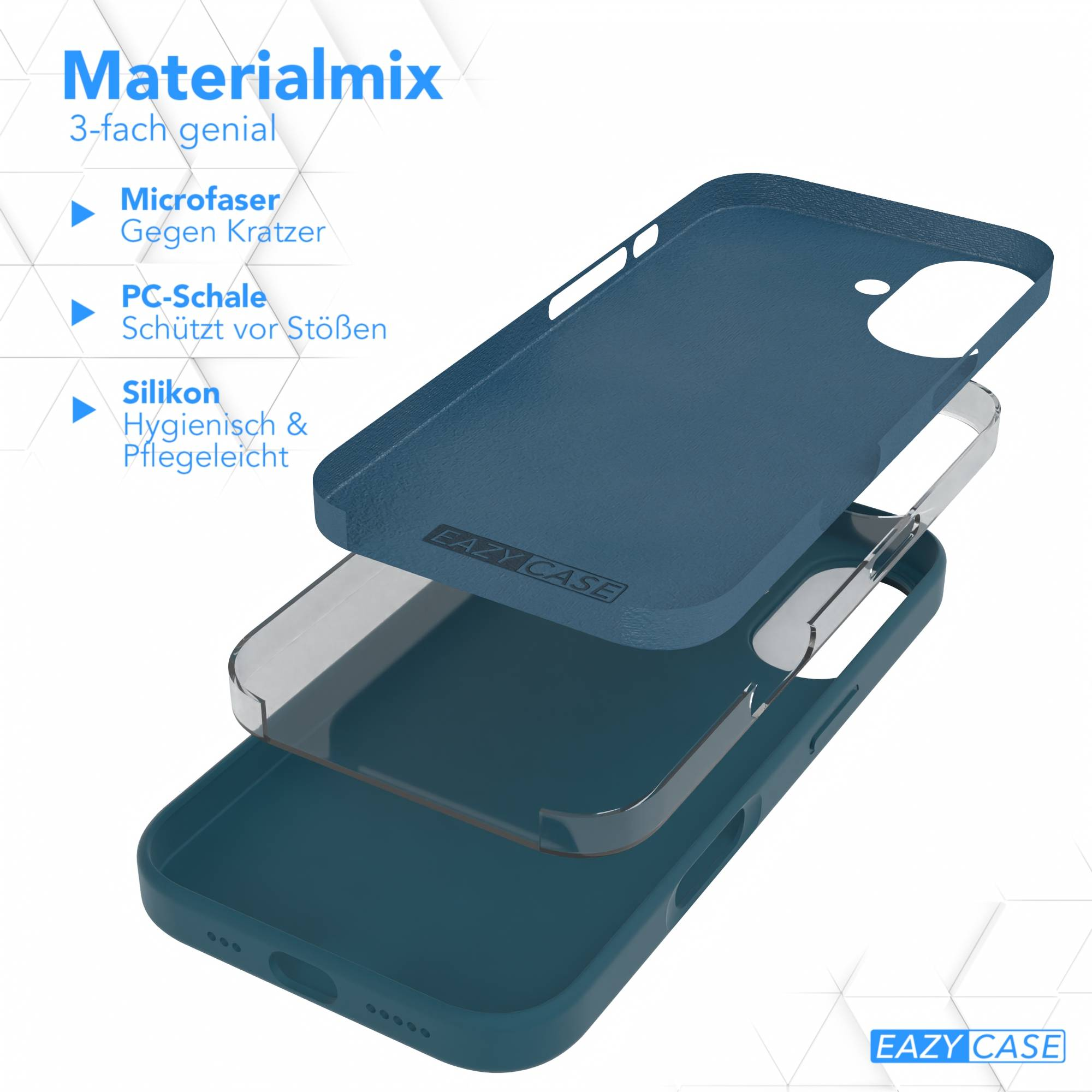 Ein zerlegtes Handycase. Es hat drei Schichten: eine blaue äußere, eine transparente mittlere und eine blaue innere Schicht. Text auf Deutsch.
