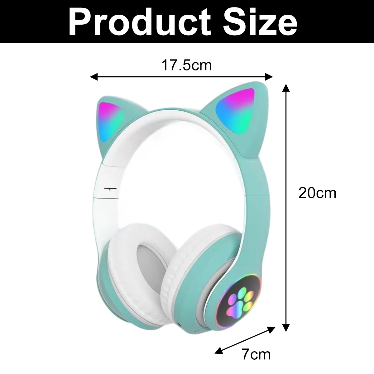 Ein türkisfarbenes Katzenohr-Headset mit weißen Ohrmuscheln. Die Abmessungen sind angegeben: 17,5 cm breit, 20 cm hoch und 7 cm dick. Produktgröße oben.