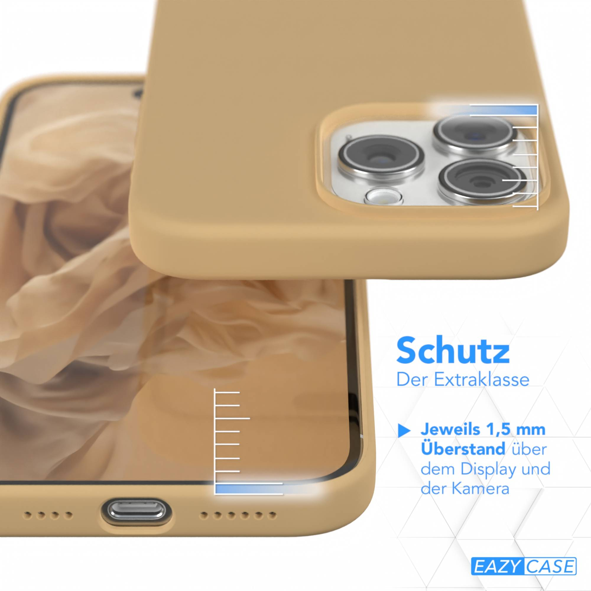 Gezeigte Handyhülle in Beige, zusammen mit dem Telefon. Text zeigt 1,5 mm Schutz für Display und Kamera an.