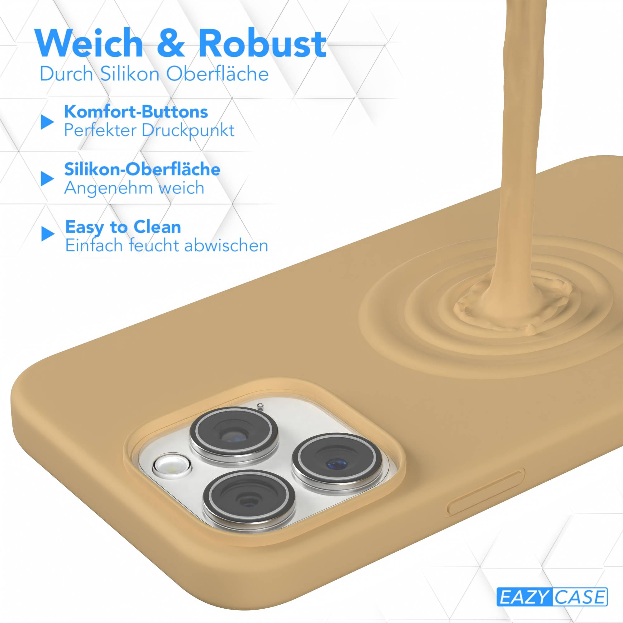 Eine beige Handyhülle mit Flüssigkeitseffekt. Text: Weich & Robust, Komfort-Buttons, Silikon-Oberfläche, Easy to Clean.