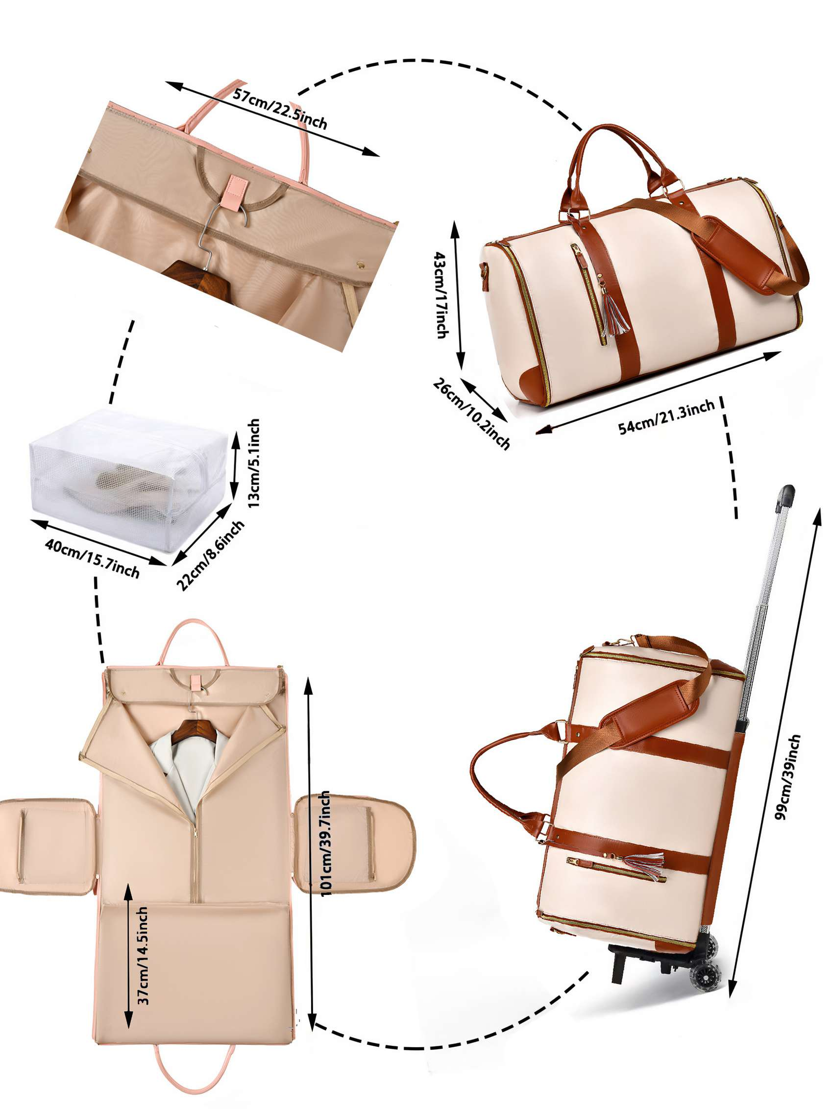 Verschiedene Reisetaschen und Gepäck, darunter eine Kleidersack, eine Reisetasche, eine Schuhtasche und ein Rollkoffer, mit Größenangaben.