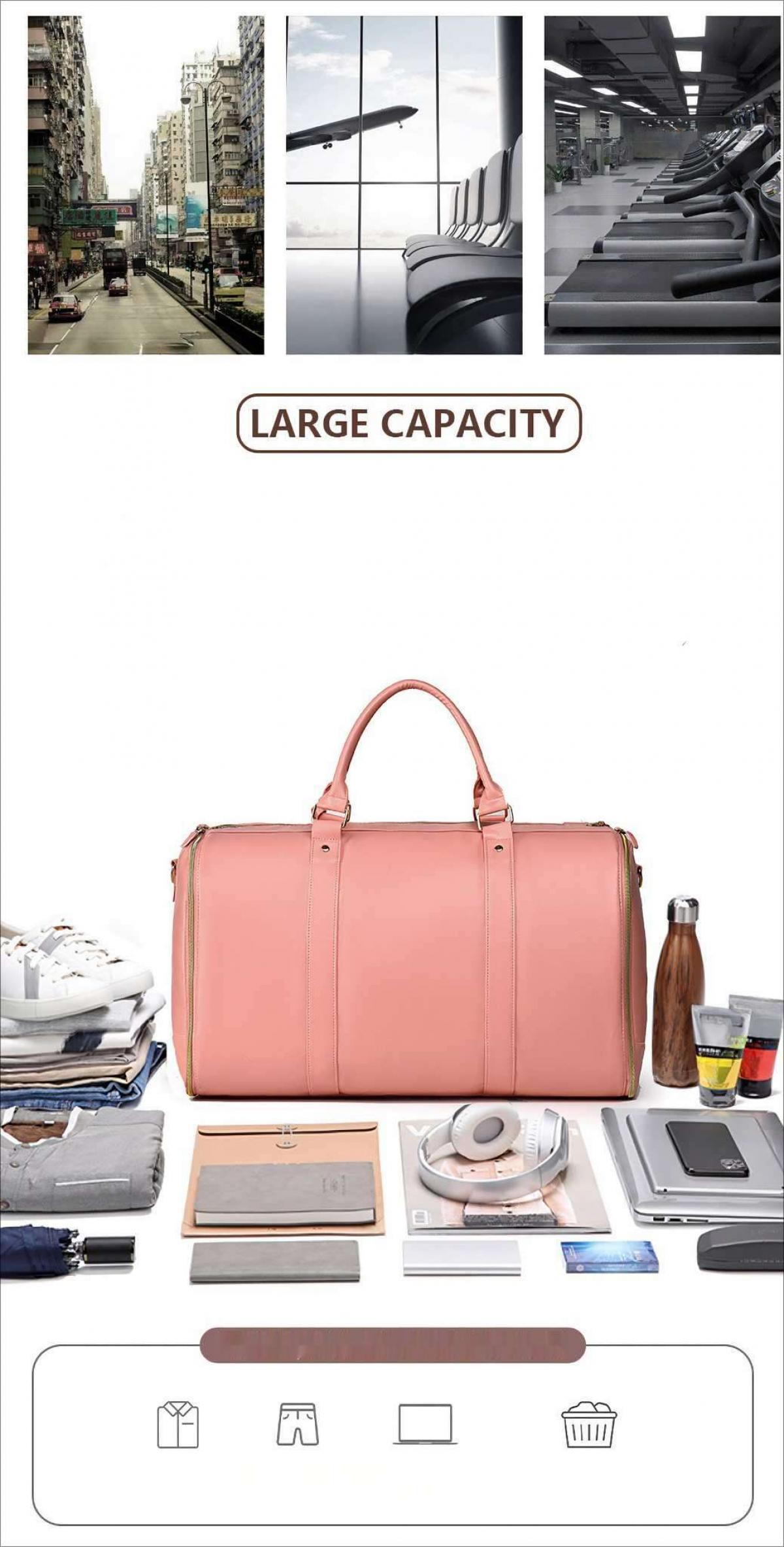 Das Bild zeigt Stadt-, Flughafen- und Gym-Szenen und hebt eine rosa Reisetasche mit verschiedenen Gegenständen wie Kleidung, Kopfhörern und einem Laptop hervor.