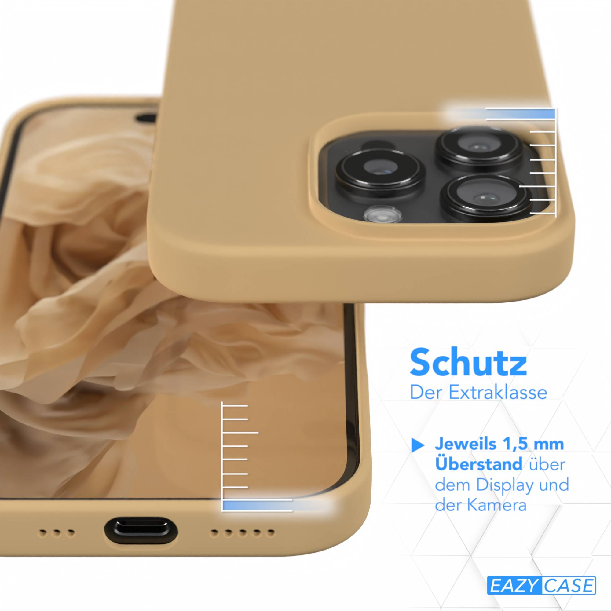 Eine Handyhülle bedeckt ein Telefon und zeigt den Kamerabereich. Text: Schutz, 1,5 mm über Display und Kamera.