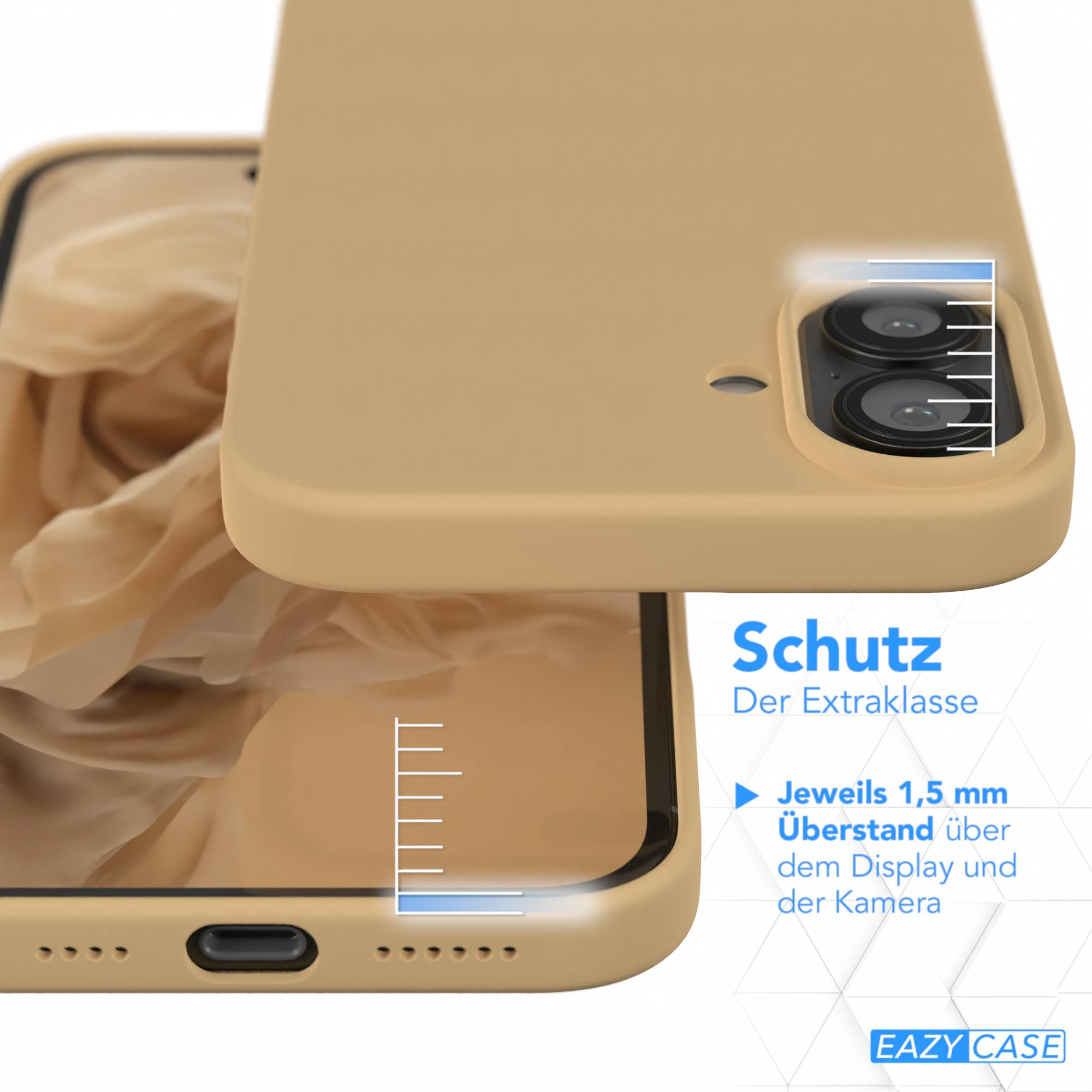 Eine hellbraune Handyhülle. Das Telefon befindet sich in der Hülle, die Kamera ist sichtbar. Text: 'Schutz'.