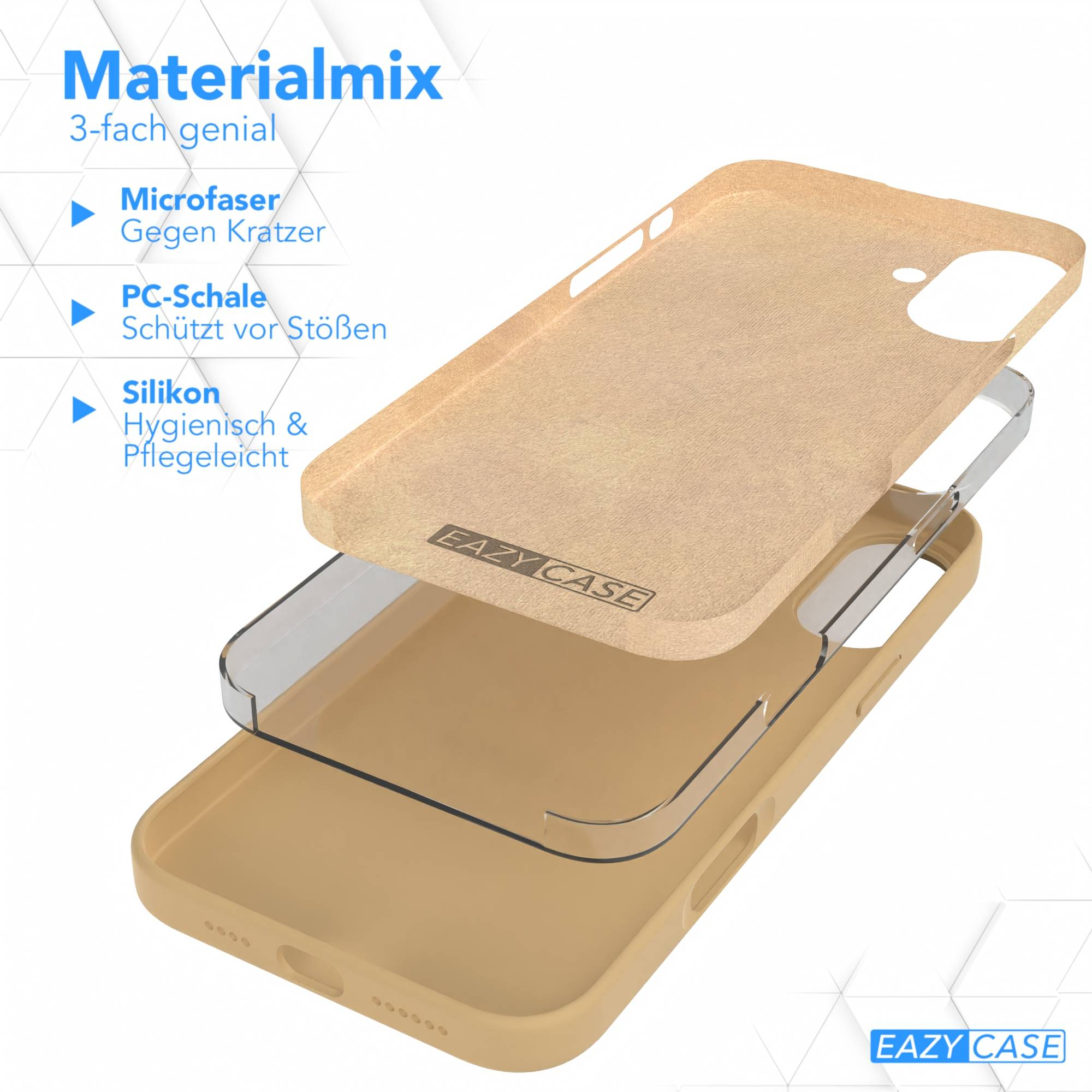Explosionsansicht einer Handyhülle mit drei Schichten: Mikrofaser, PC-Schale und Silikon. Die Schichten sind beige und klar.
