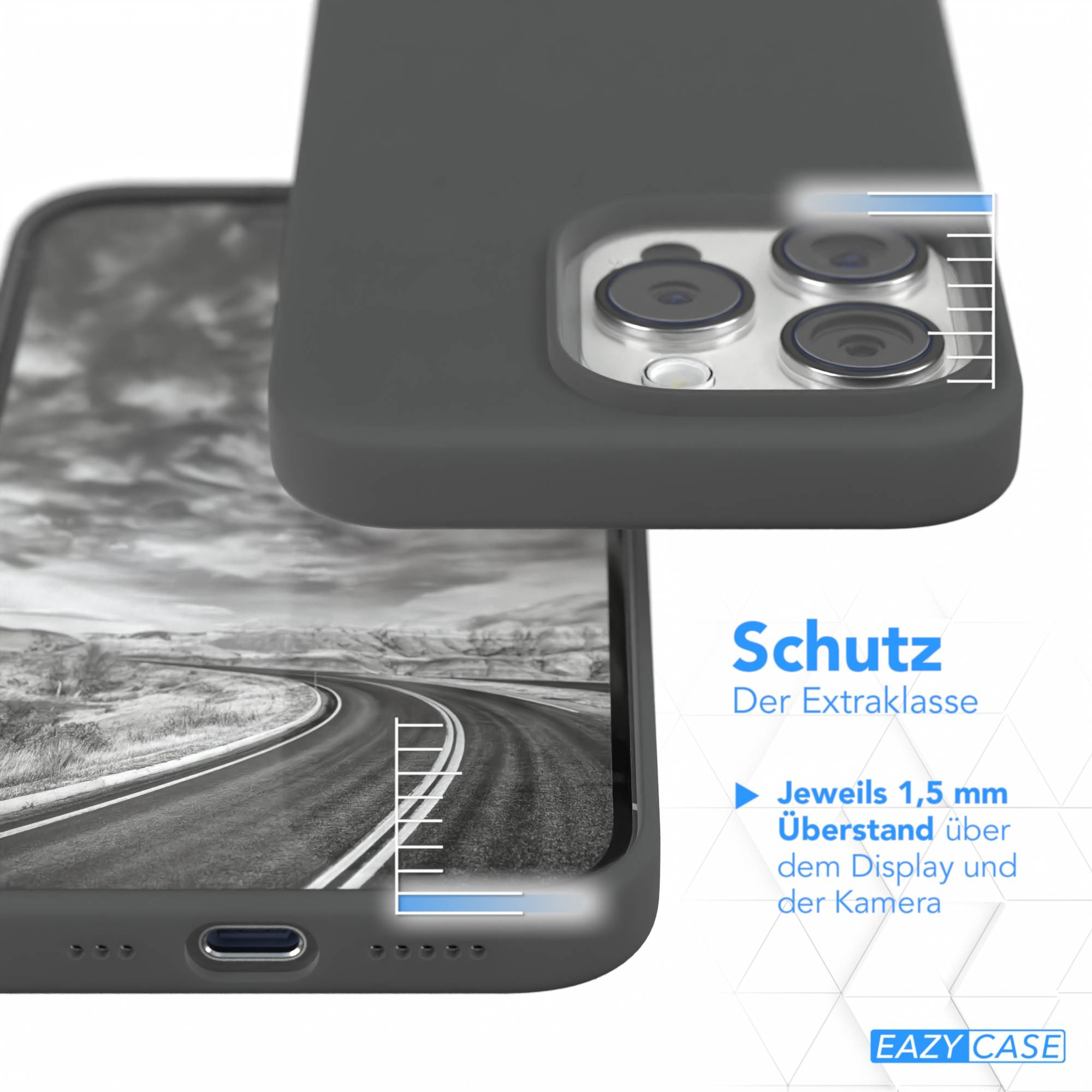 Eine Handyhülle mit einem grauen Straßenbild auf dem Bildschirm. Die Hülle bedeckt das Telefon teilweise, mit Text auf der Seite.