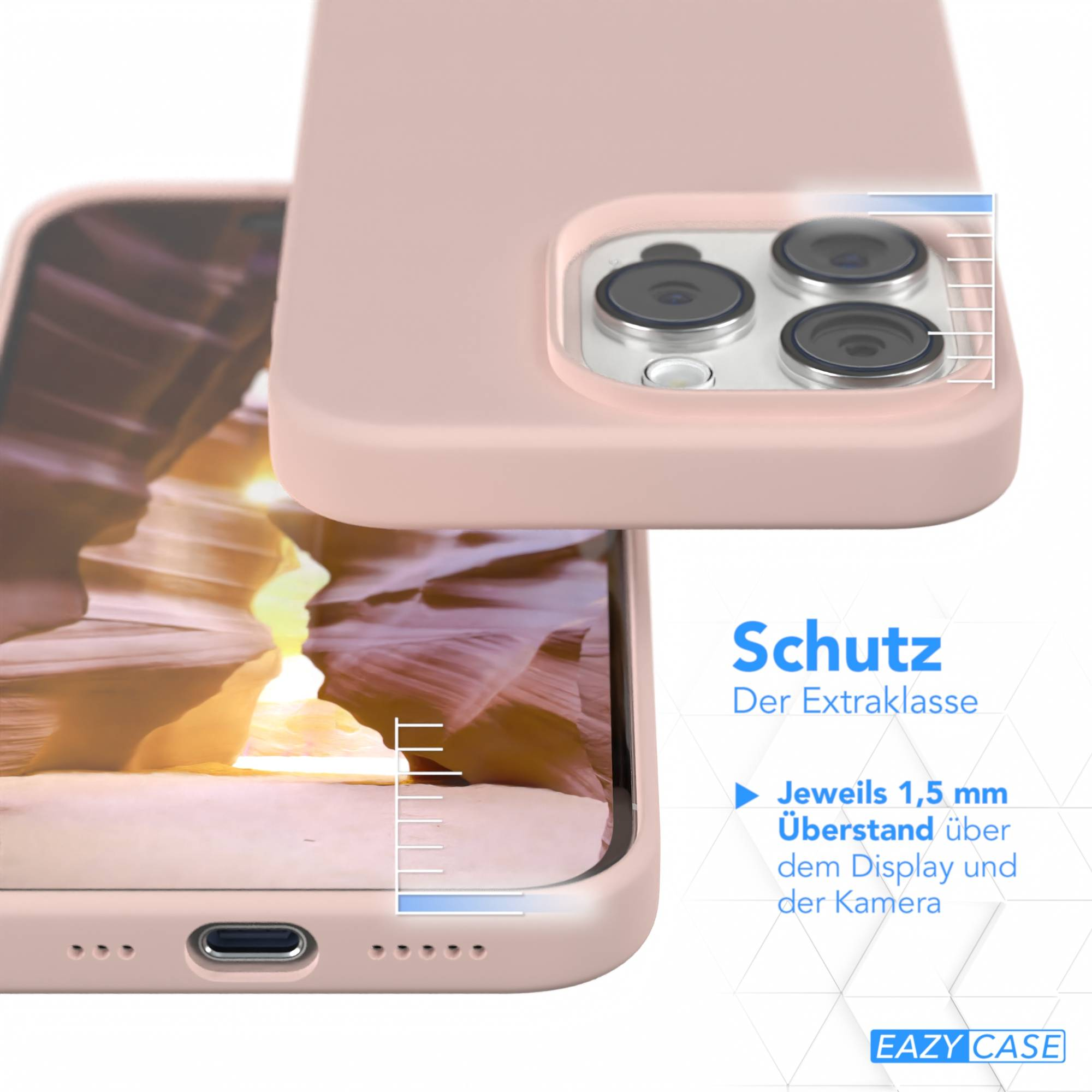 Eine rosa Handyhülle schützt ein Telefon. Die Hülle hat einen Kameraausschnitt. Text sagt 'Schutz' und '1,5 mm Überstand'.