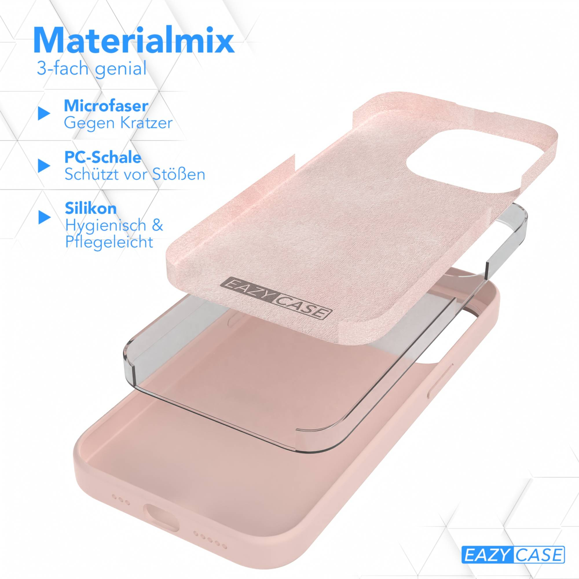 Explosionszeichnung einer rosa Handyhülle mit Materialschichten und dem Markennamen Eazy Case.