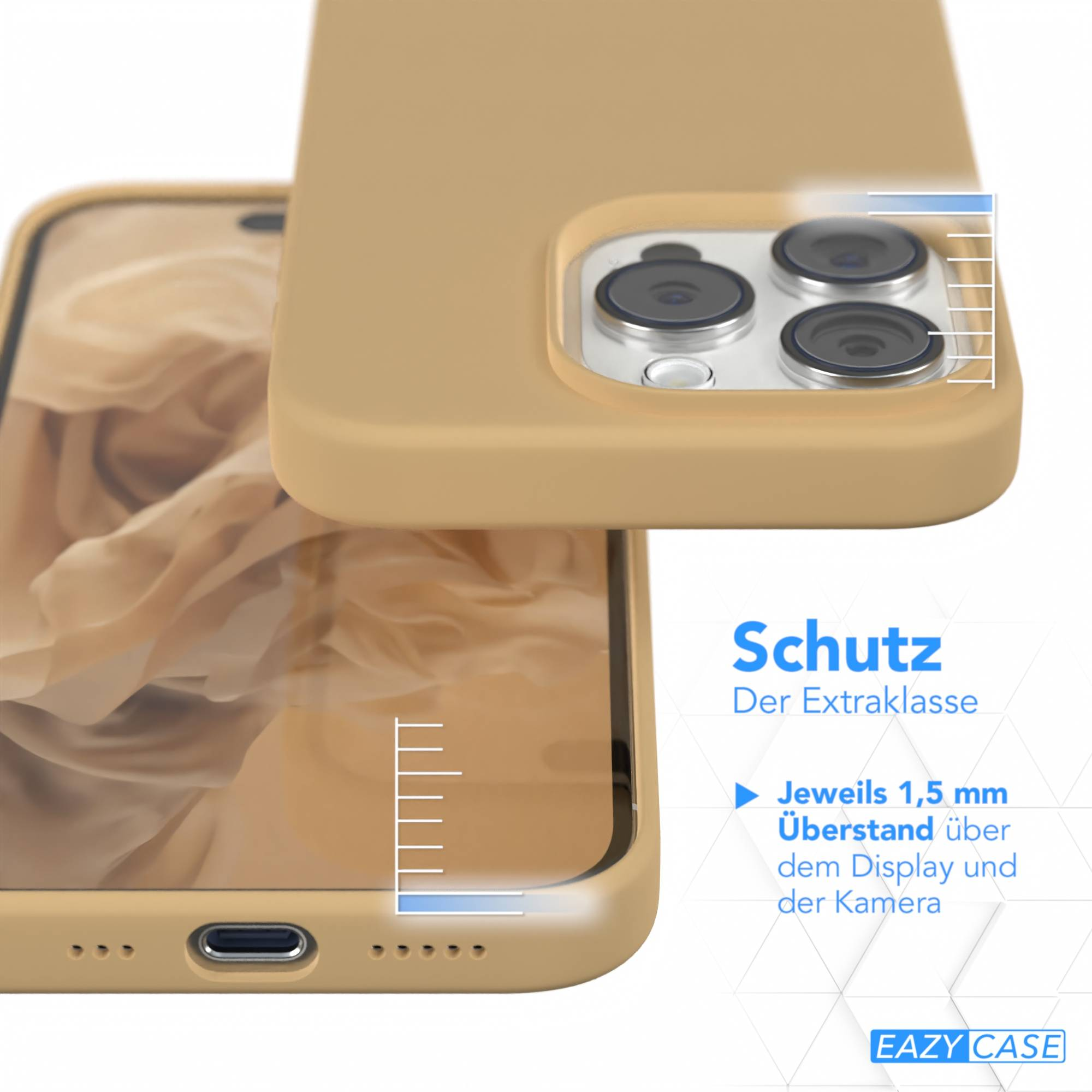 Eine hellbraune Handyhülle mit einem Telefon darin. Die Hülle liegt über dem Telefon und hat Text, der 1,5 mm Schutz anzeigt.
