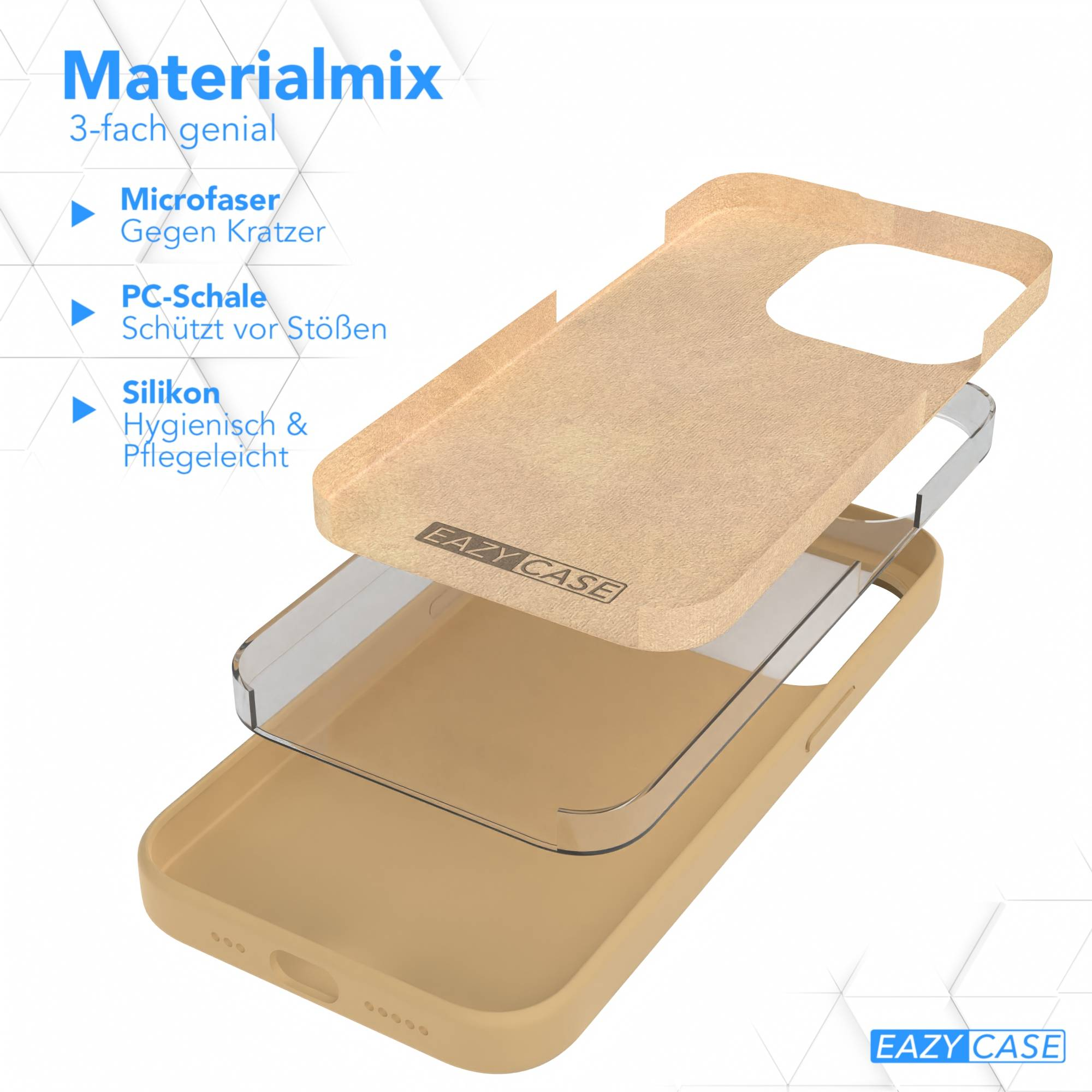 Explosionsansicht einer Handyhülle mit Schichten aus braunen, transparenten und beigefarbenen Materialien und Textbeschriftungen.
