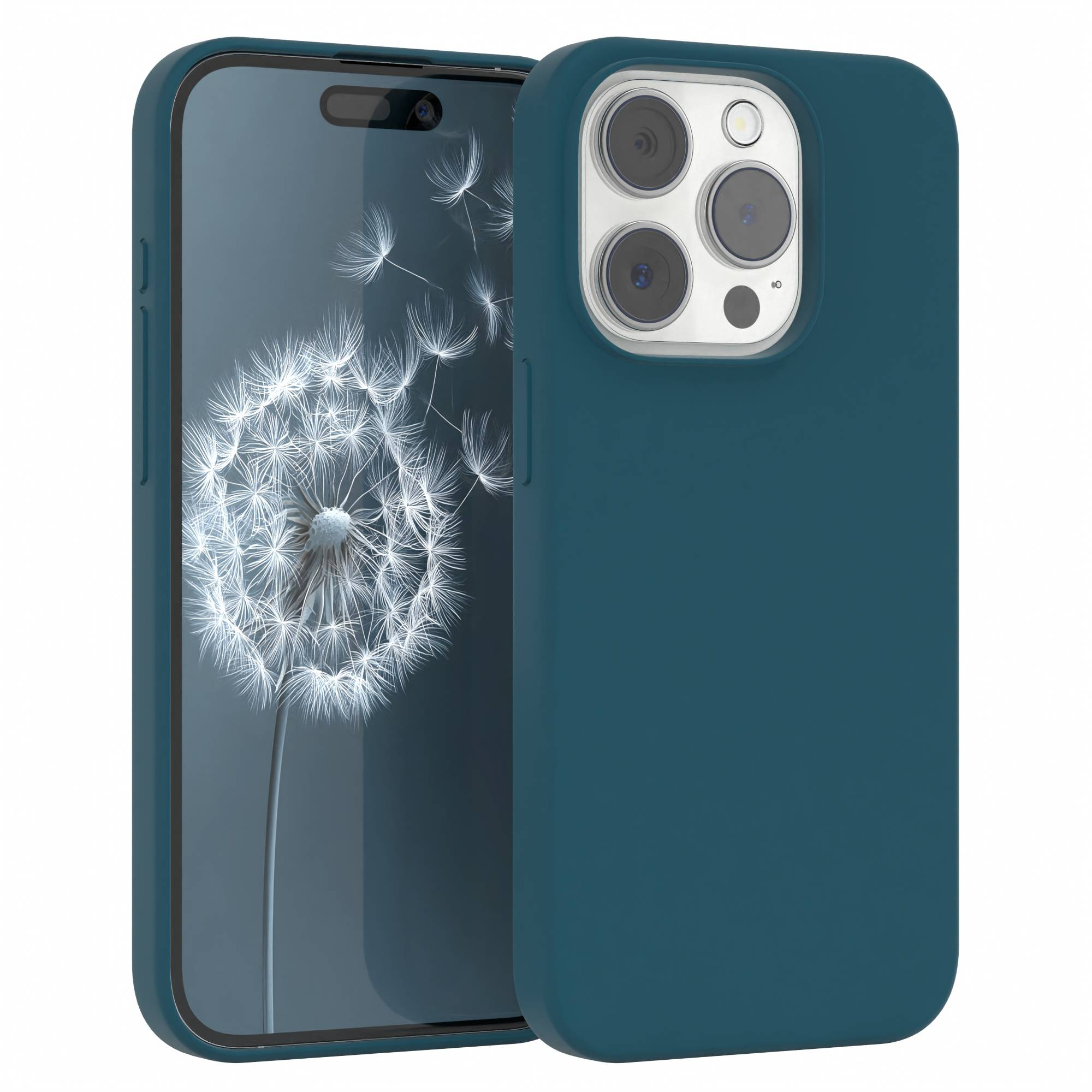 Ein iPhone in einer tealfarbenen Hülle mit einem Pusteblumenbild auf dem Bildschirm. Die Kamera ist sichtbar.