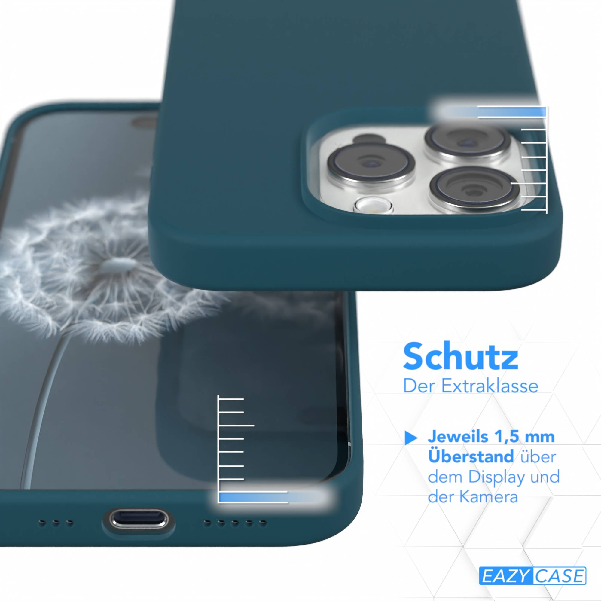 Eine teal Handyhülle mit Telefon darin. Die Hülle hebt den Kamera- und Displayschutz hervor.