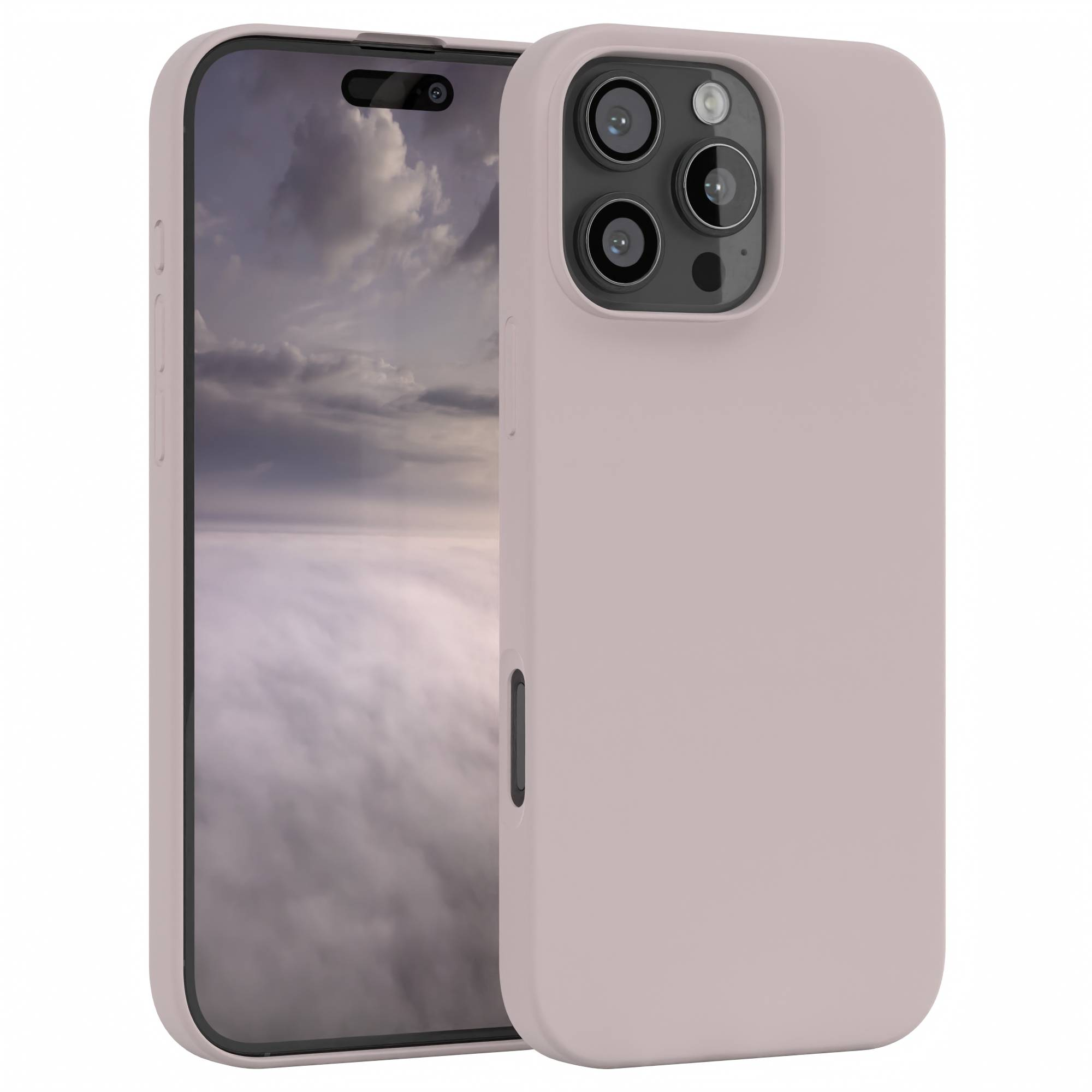 Ein Smartphone mit hellrosa Hülle, das einen bewölkten Himmel auf dem Bildschirm zeigt. Das Telefon ist teilweise davor.