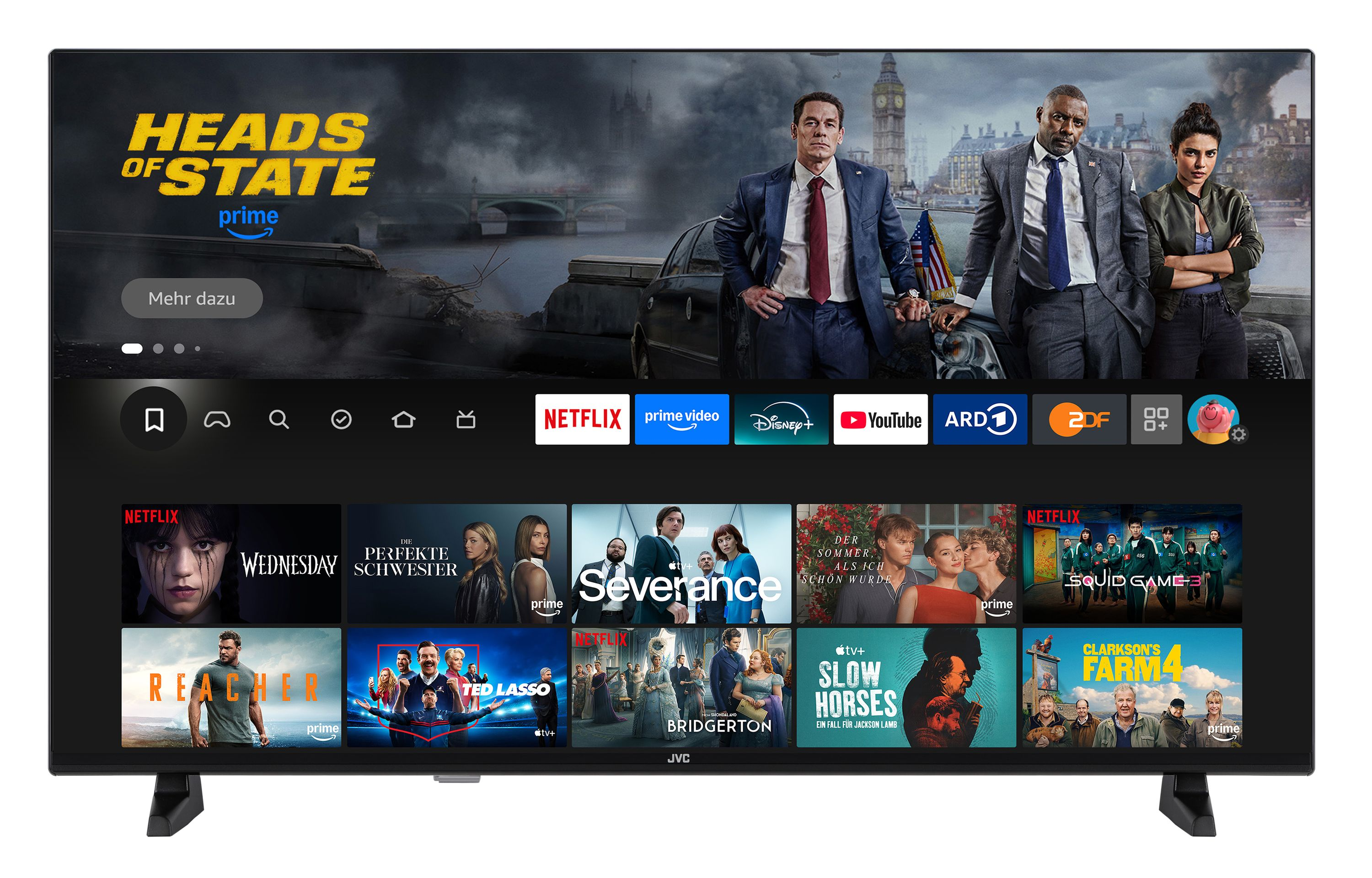 Ein Fernseher zeigt Filmplakate. Zu den Shows gehören "Heads of State" und Streaming-Dienste wie Netflix, Prime Video und Disney+.