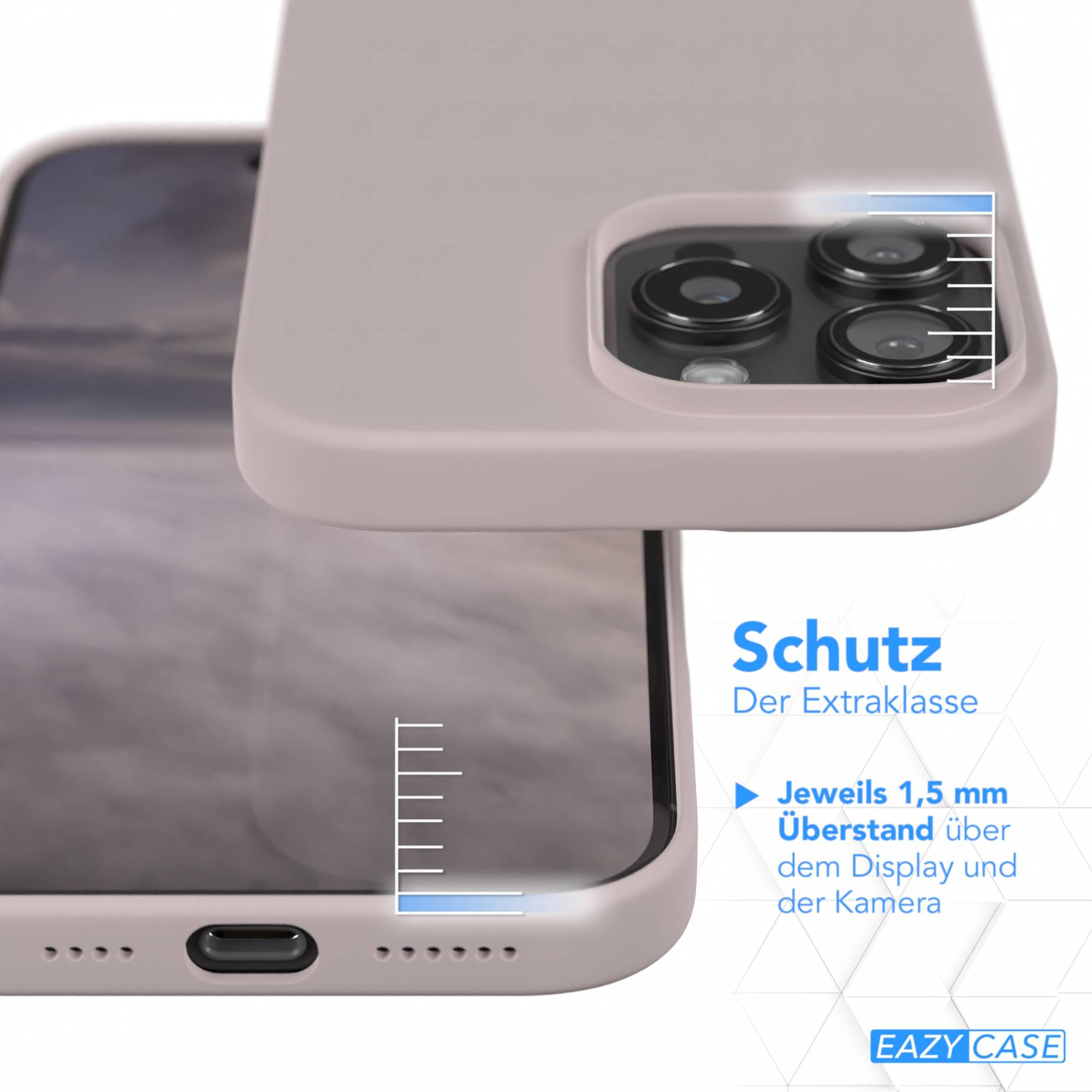 Handyhülle mit Telefon. Rosa Hülle, sichtbarer Bildschirm. Text erwähnt 1,5 mm Display- und Kameraschutz.