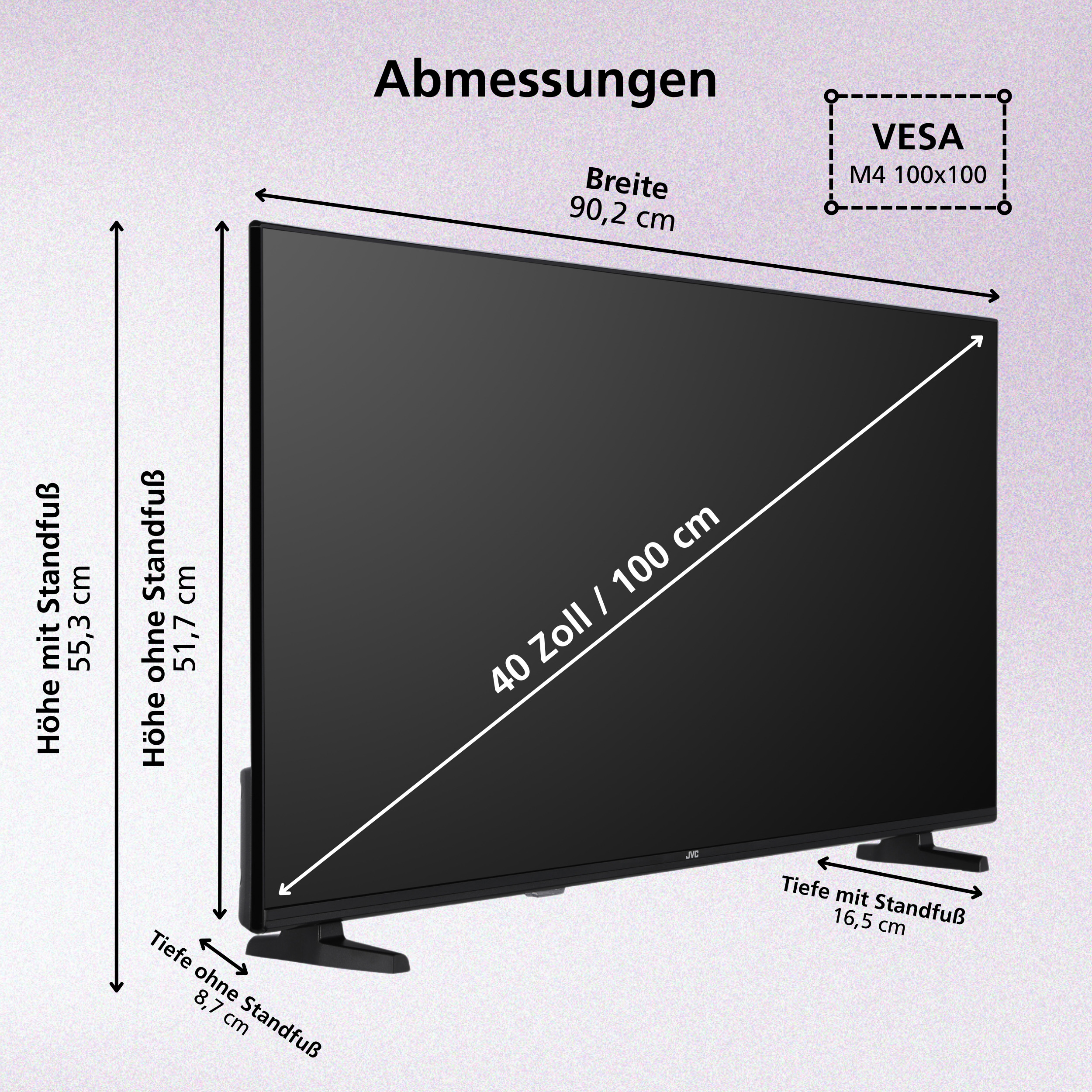 Schwarzer Fernseher mit Abmessungen in cm. Er hat einen Ständer und der VESA-Standard ist M4 100x100.