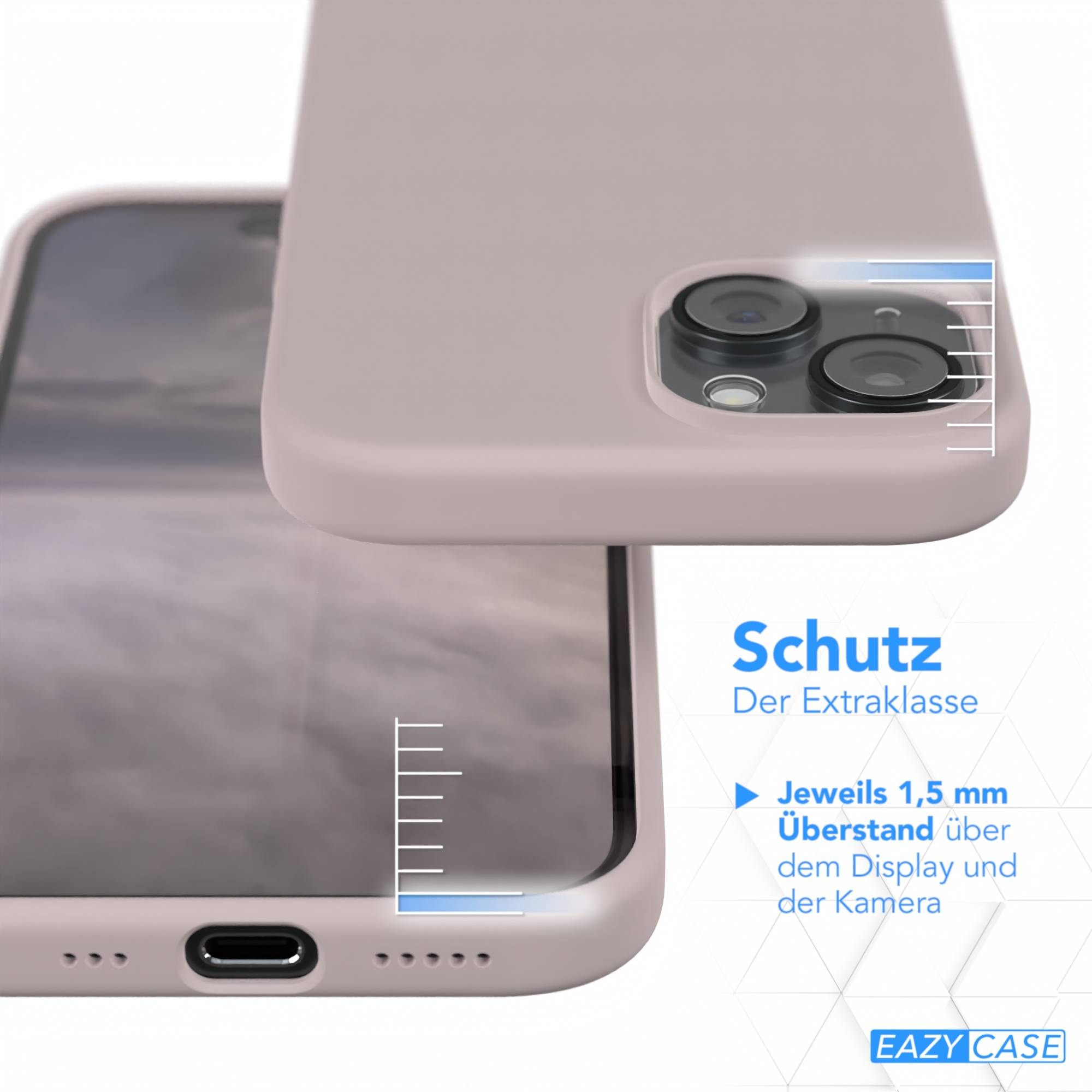 Gezeigt wird eine Handyhülle in einer hellen Farbe. Die Hülle schützt das Telefon mit Text, der den Schutzgrad angibt.
