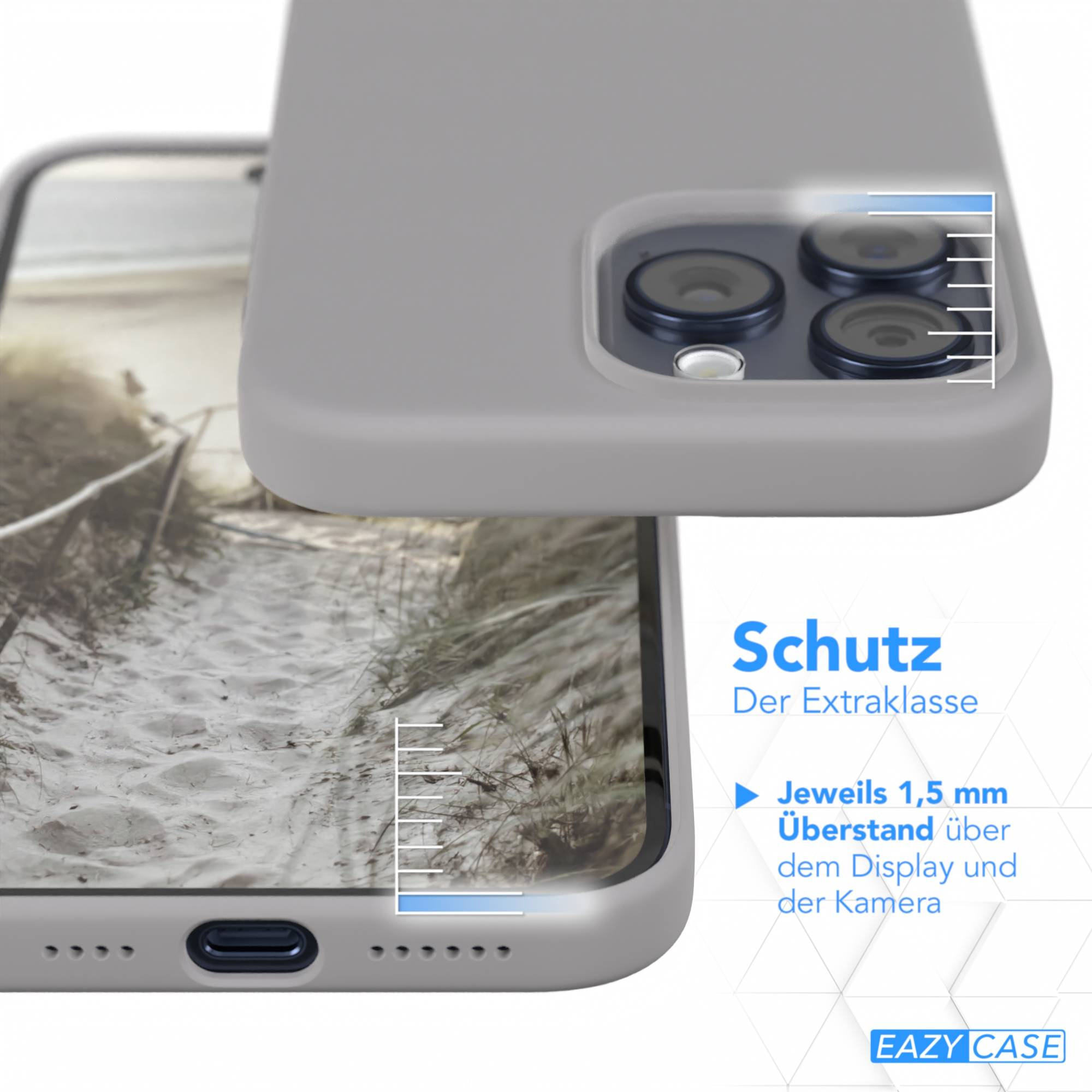 Ein Telefon in einer grauen Hülle, das die Kamera und den Bildschirm zeigt. Text lautet 'Schutz' und '1.5mm Überstand'. Das Eazy Case Logo ist sichtbar.