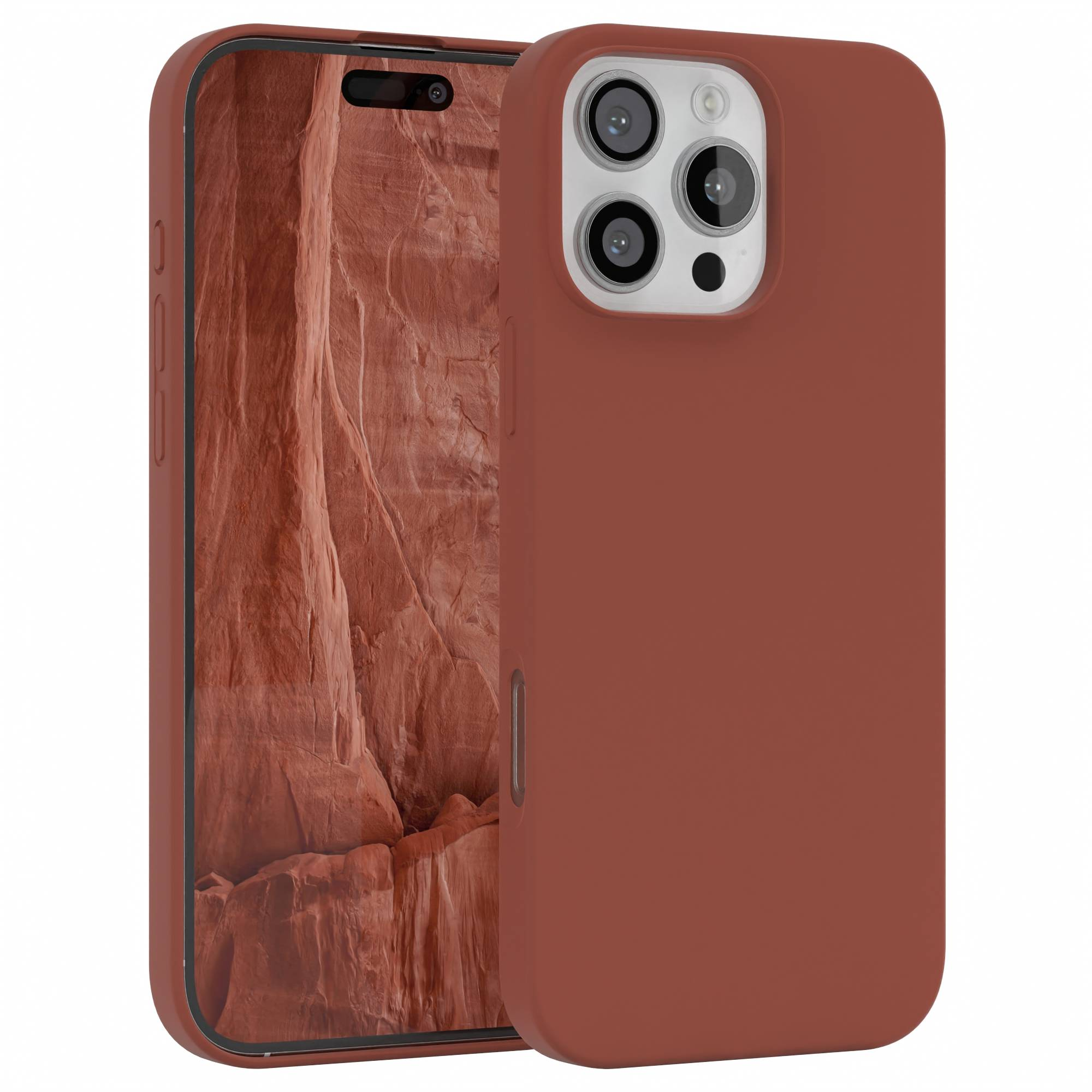 Ein Telefon in einer rotbraunen Hülle. Der Bildschirm zeigt eine Canyonlandschaft. Die Hülle hat eine Kamera mit drei Linsen.